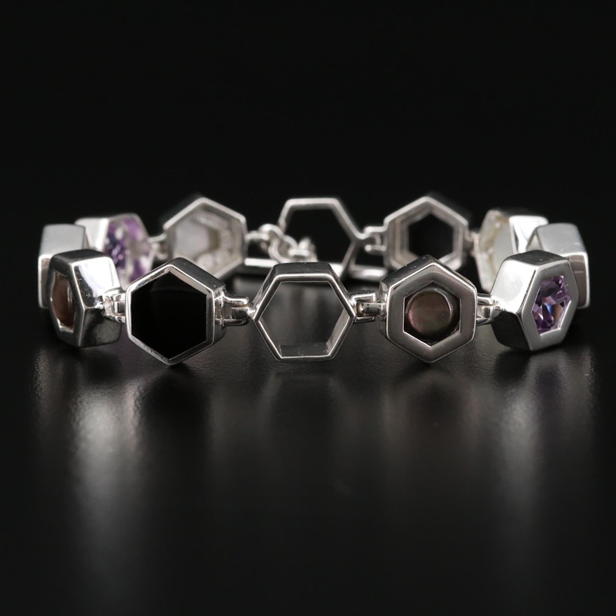 Sterling Silver Amethyst, Black Onyx and Mother of Pearl Bracelet