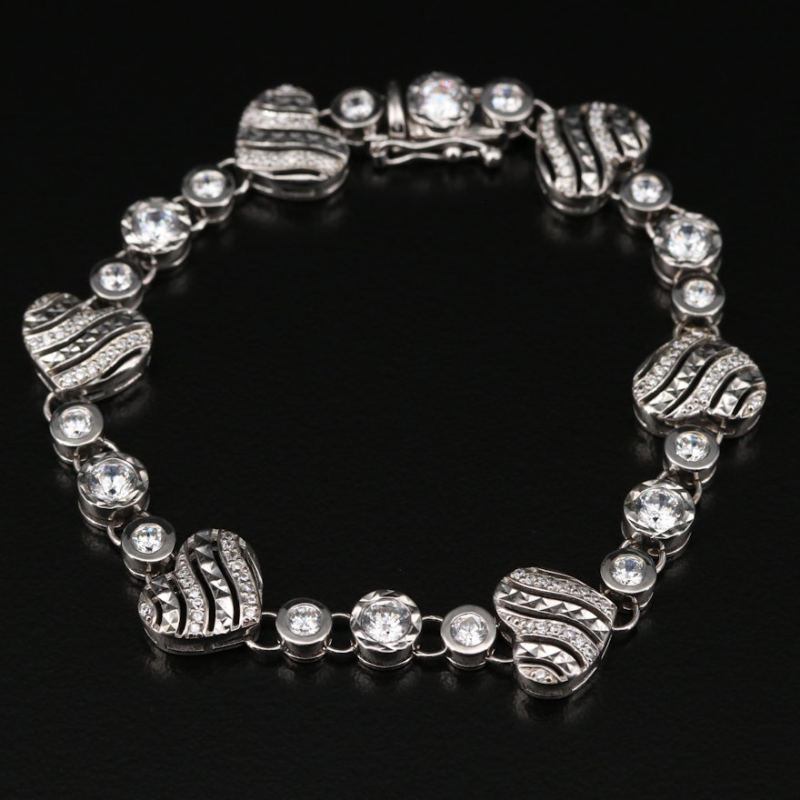 Sterling Silver Cubic Zirconia Heart Link Bracelet