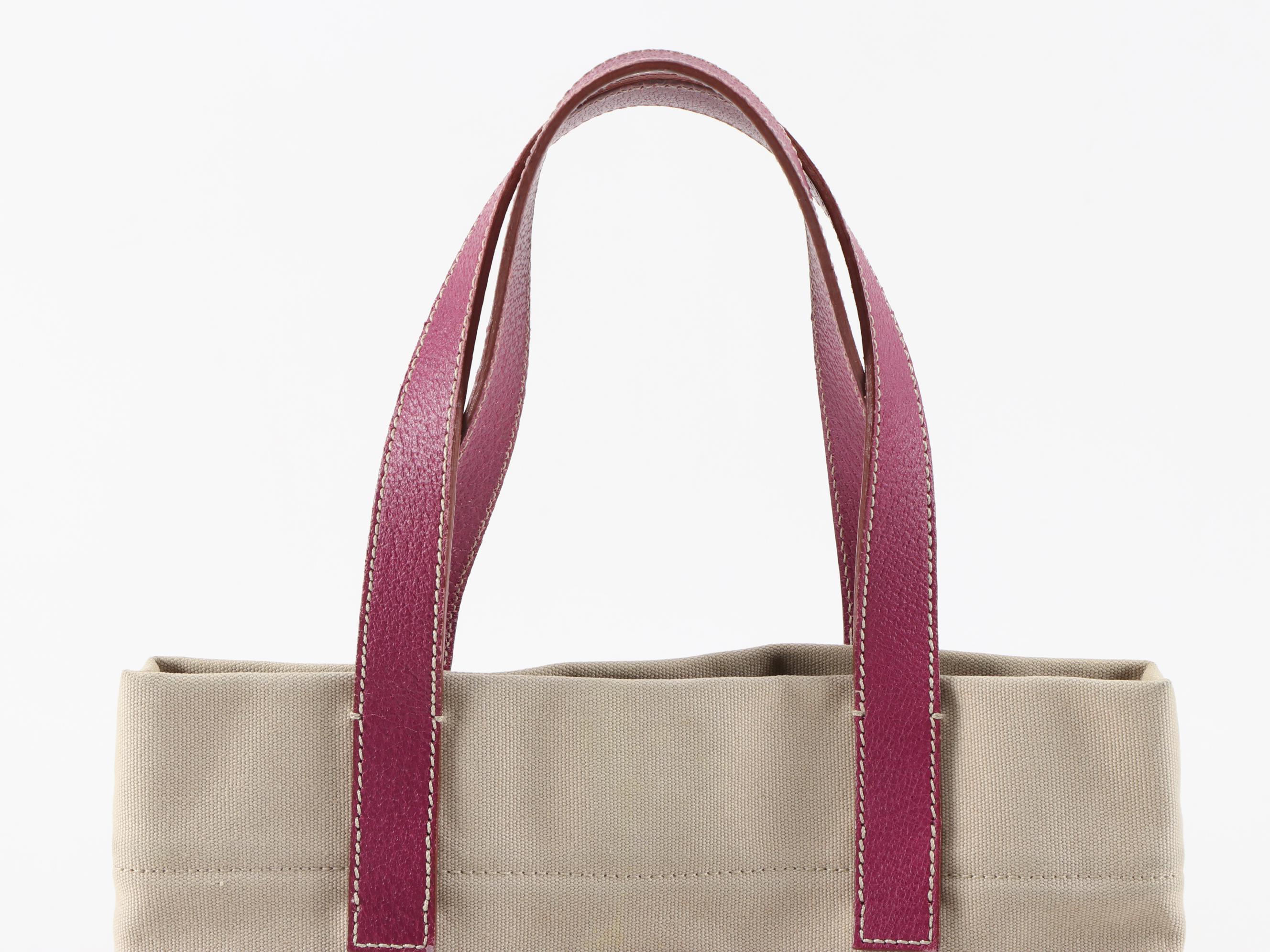 Prada Small Tote in Beige Canvas with Contrast Stitched Magenta Leather Trim