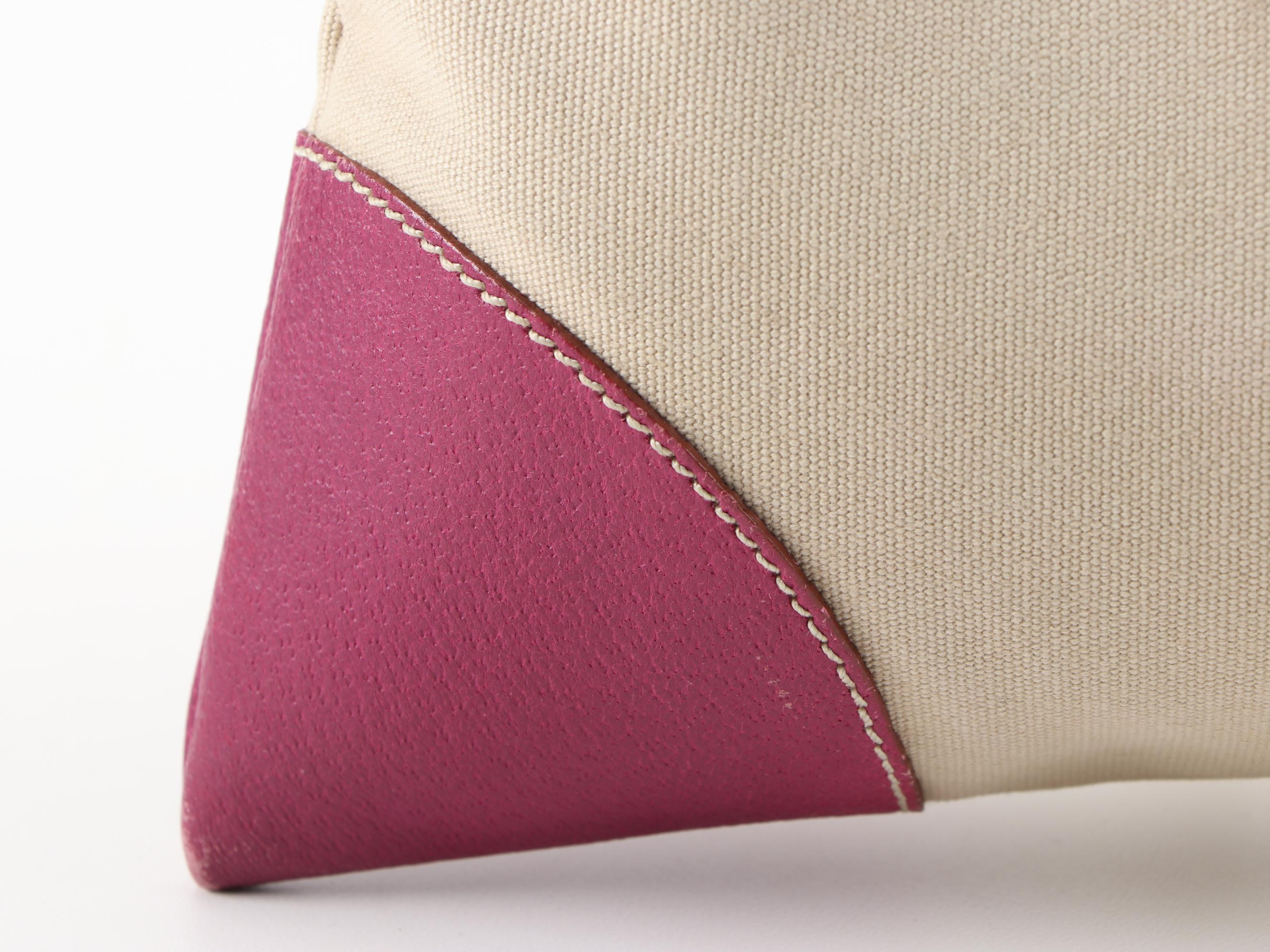 Prada Small Tote in Beige Canvas with Contrast Stitched Magenta Leather Trim