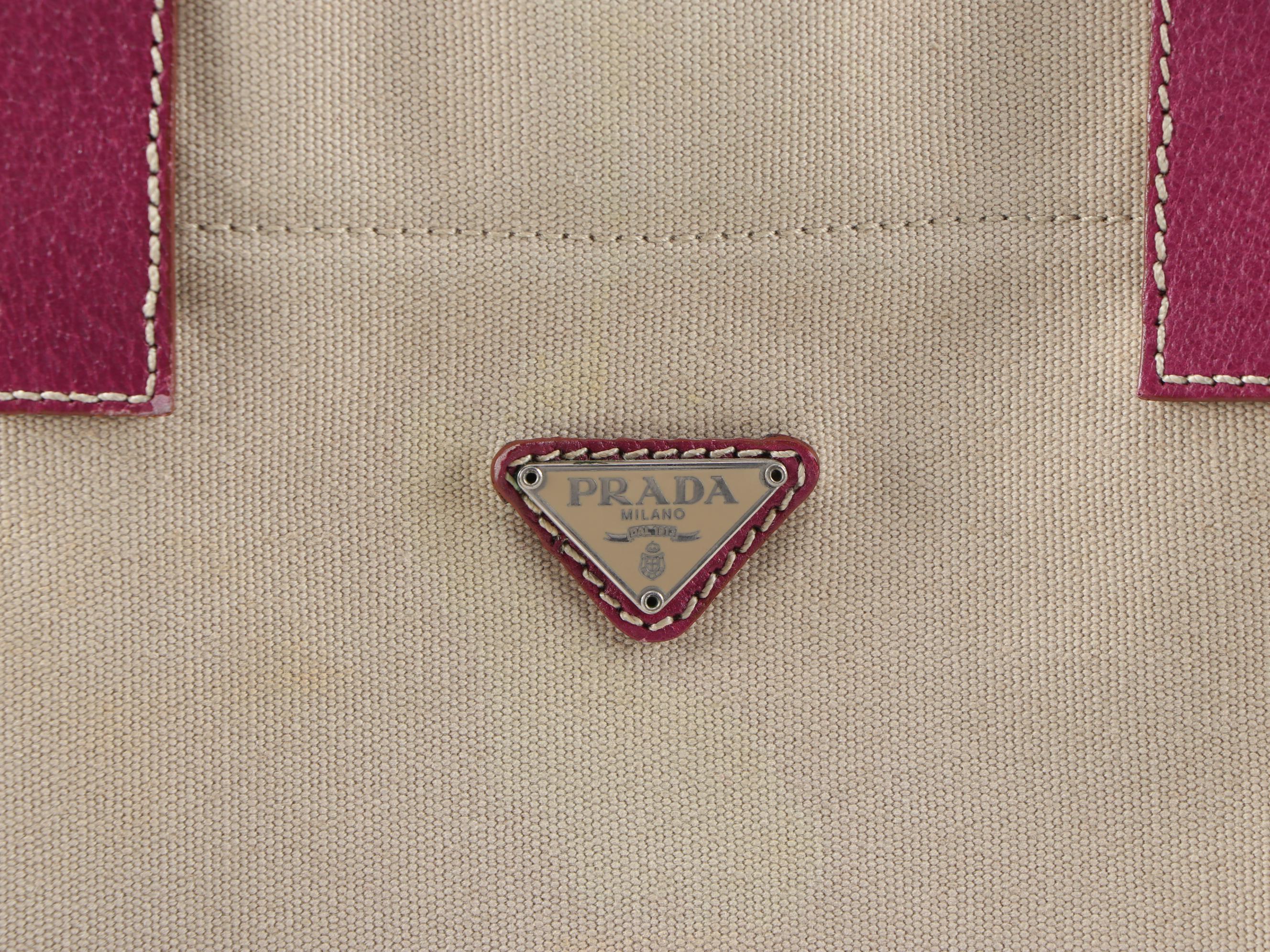 Prada Small Tote in Beige Canvas with Contrast Stitched Magenta Leather Trim