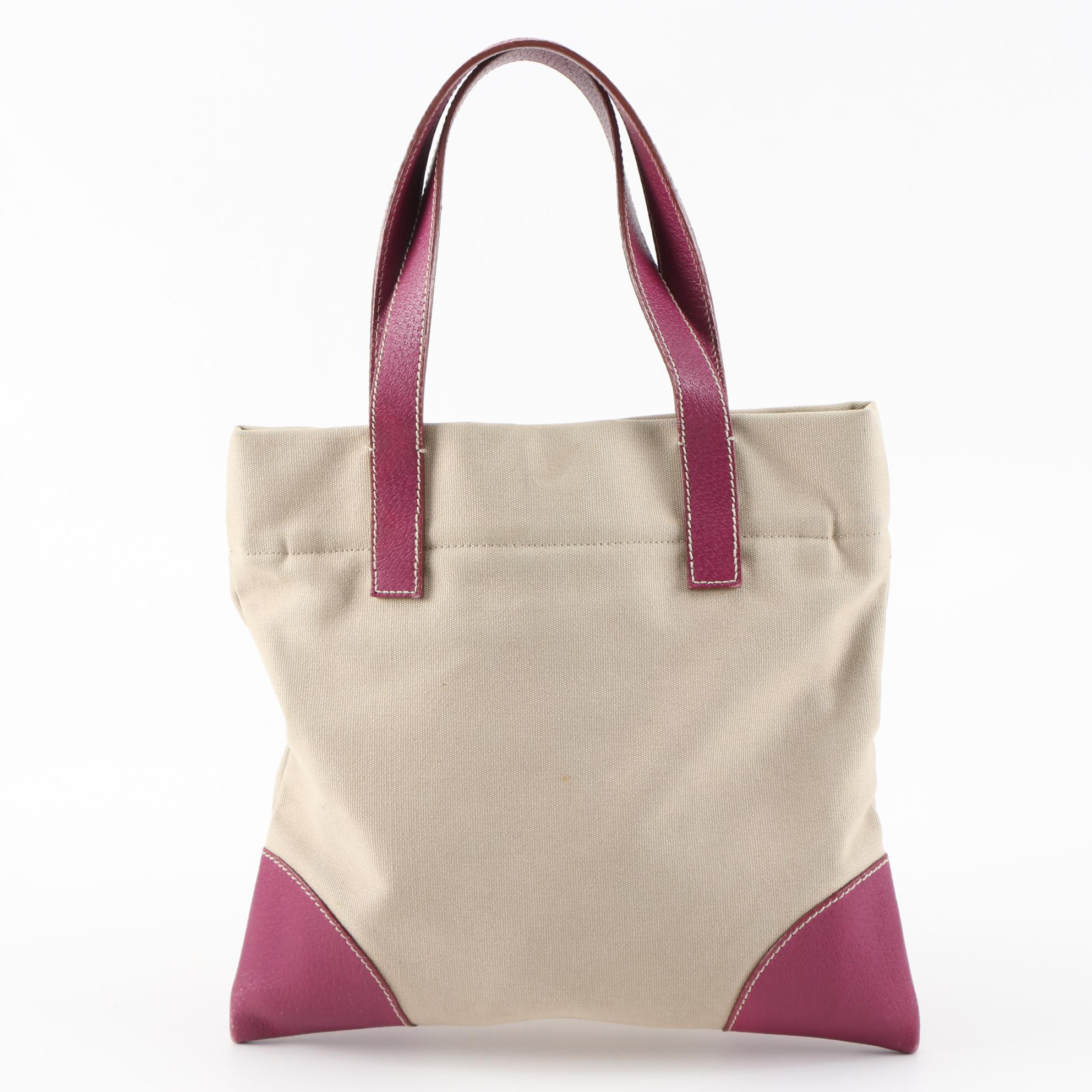 Prada Small Tote in Beige Canvas with Contrast Stitched Magenta Leather Trim