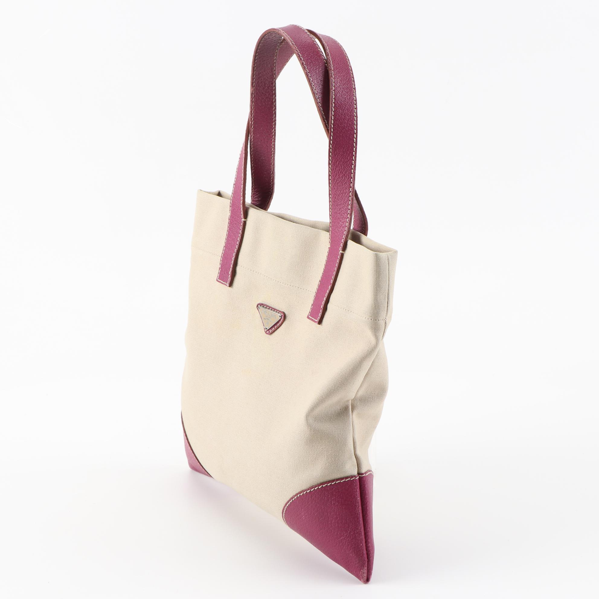Prada Small Tote in Beige Canvas with Contrast Stitched Magenta Leather Trim