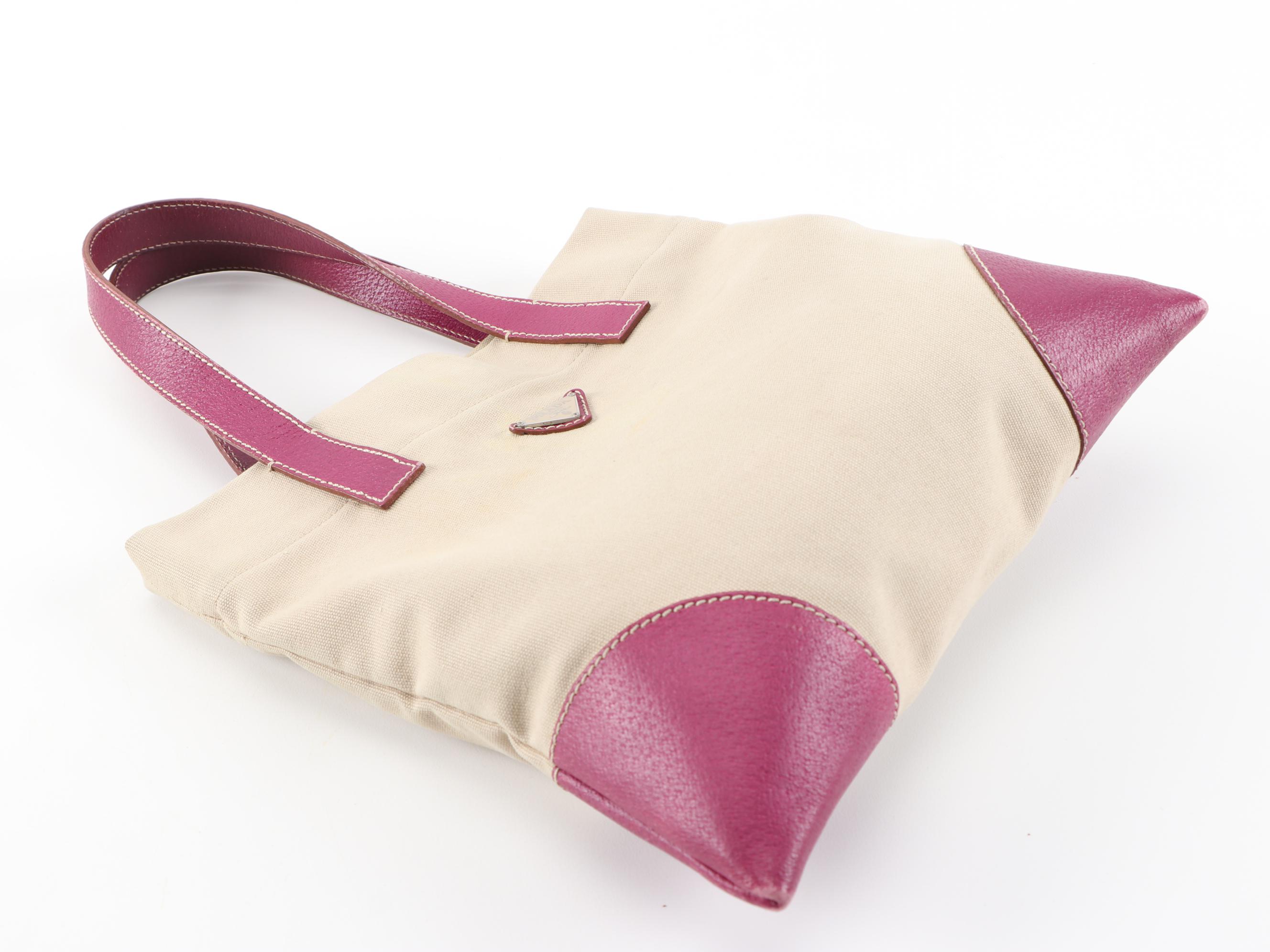 Prada Small Tote in Beige Canvas with Contrast Stitched Magenta Leather Trim