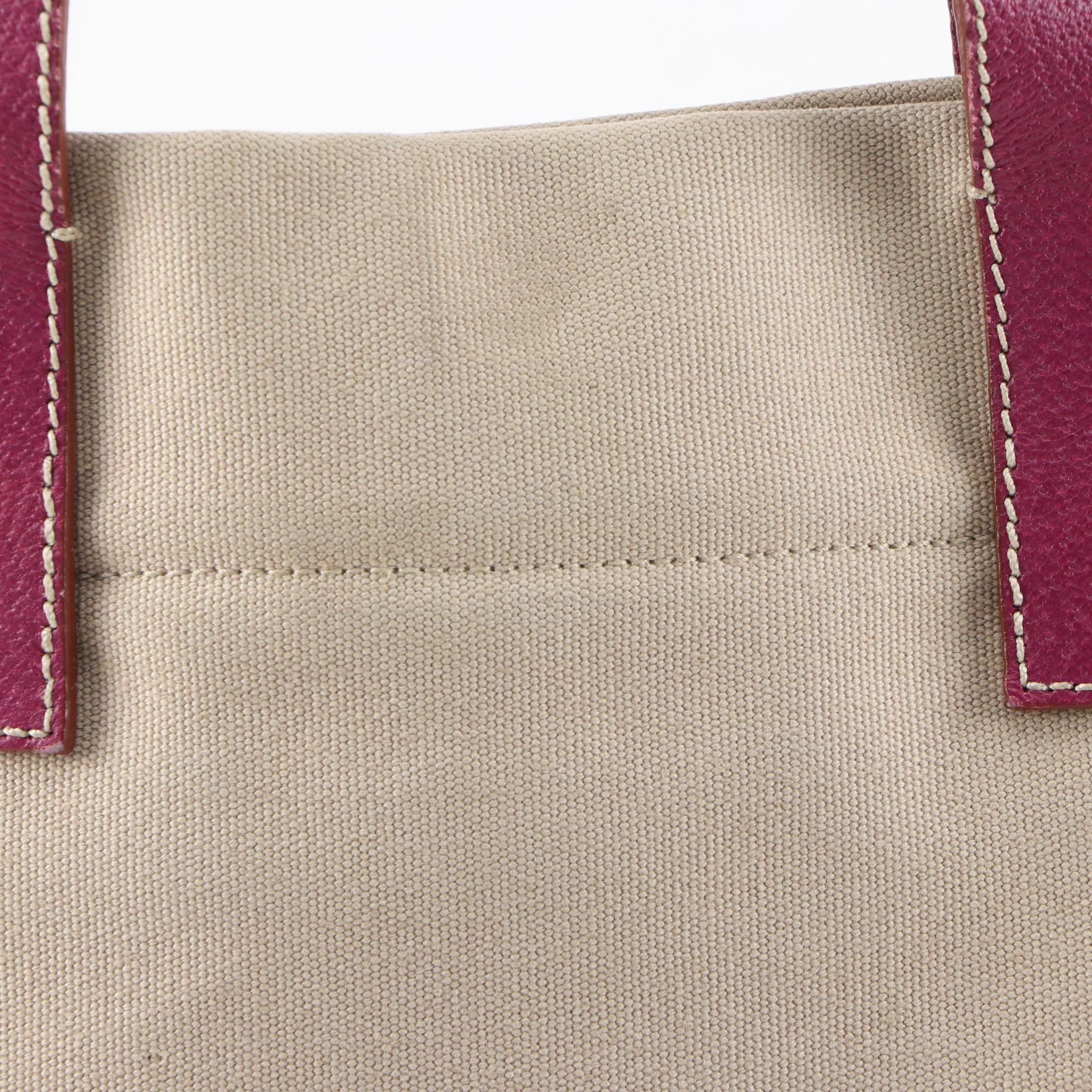 Prada Small Tote in Beige Canvas with Contrast Stitched Magenta Leather Trim