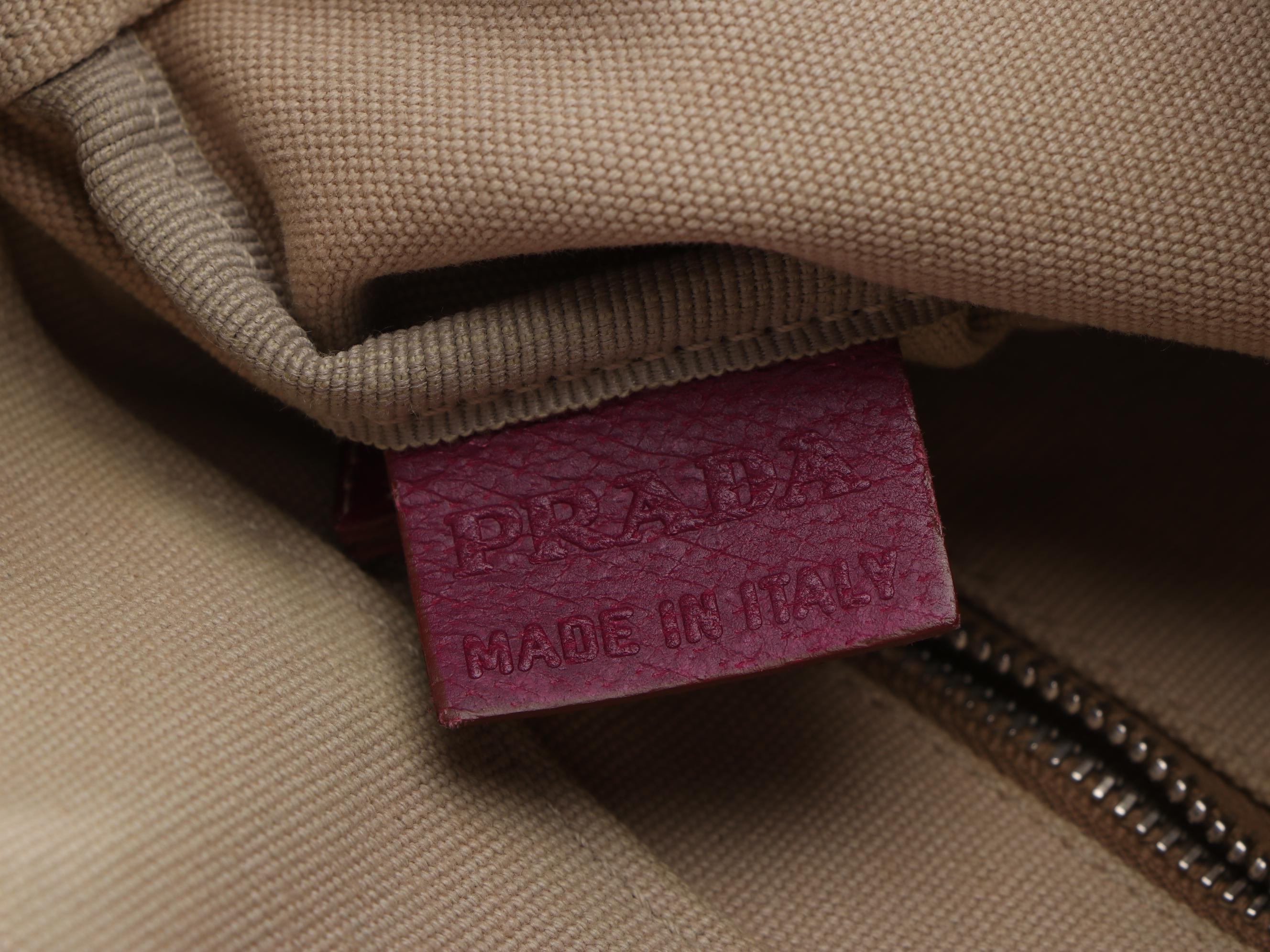 Prada Small Tote in Beige Canvas with Contrast Stitched Magenta Leather Trim