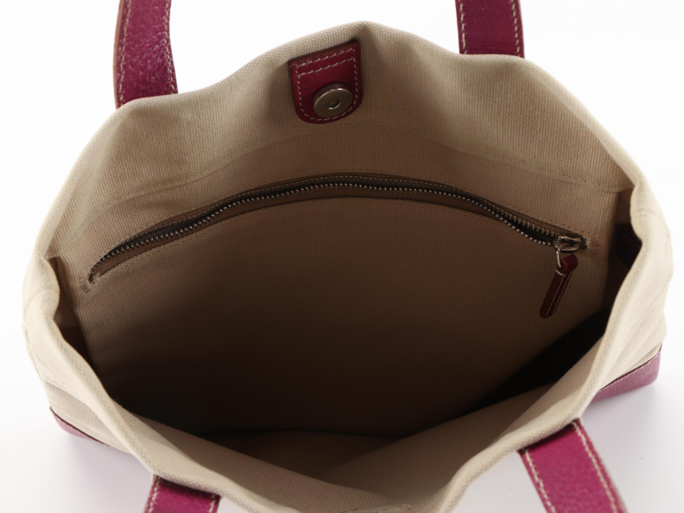 Prada Small Tote in Beige Canvas with Contrast Stitched Magenta Leather Trim