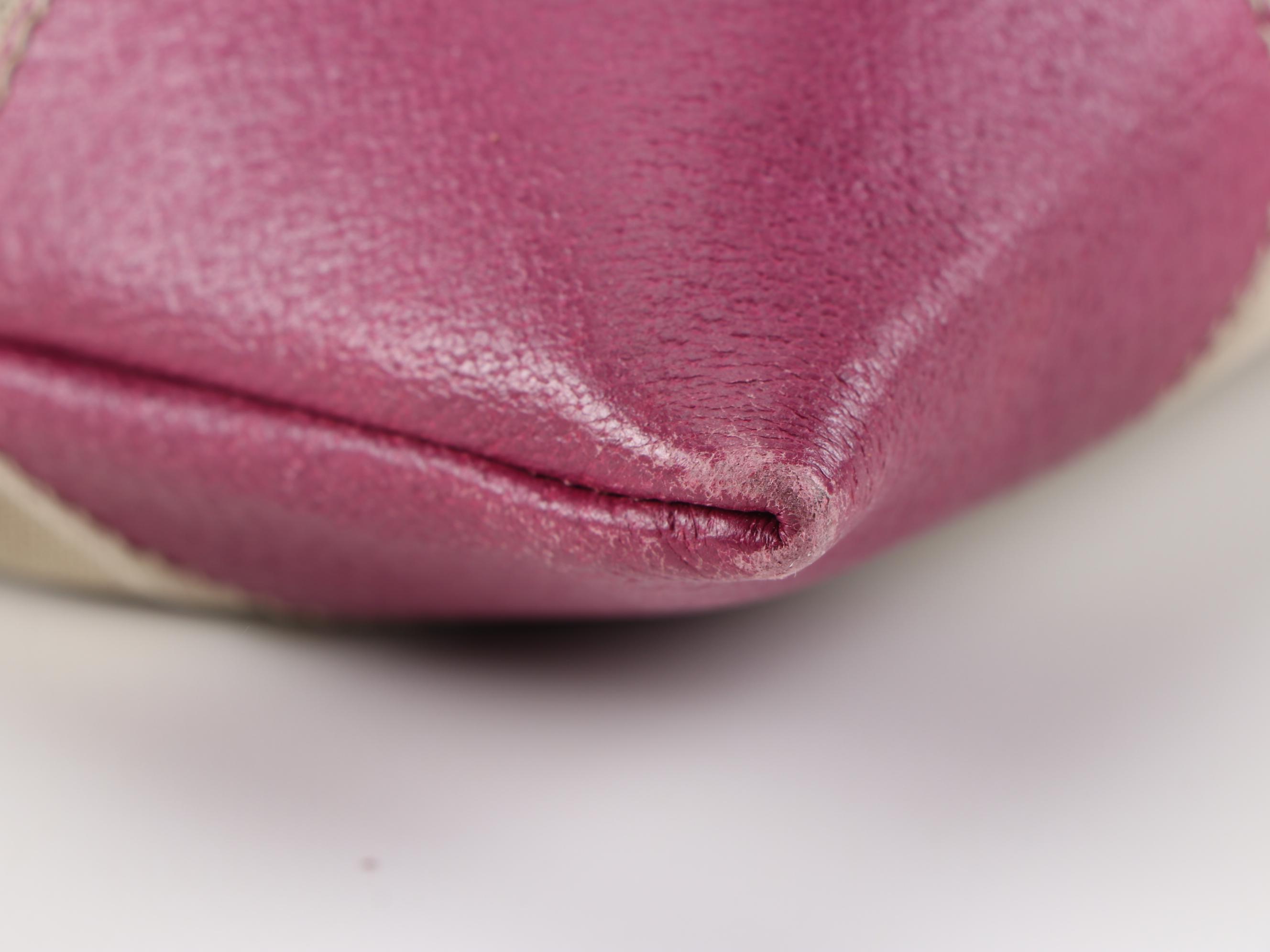 Prada Small Tote in Beige Canvas with Contrast Stitched Magenta Leather Trim