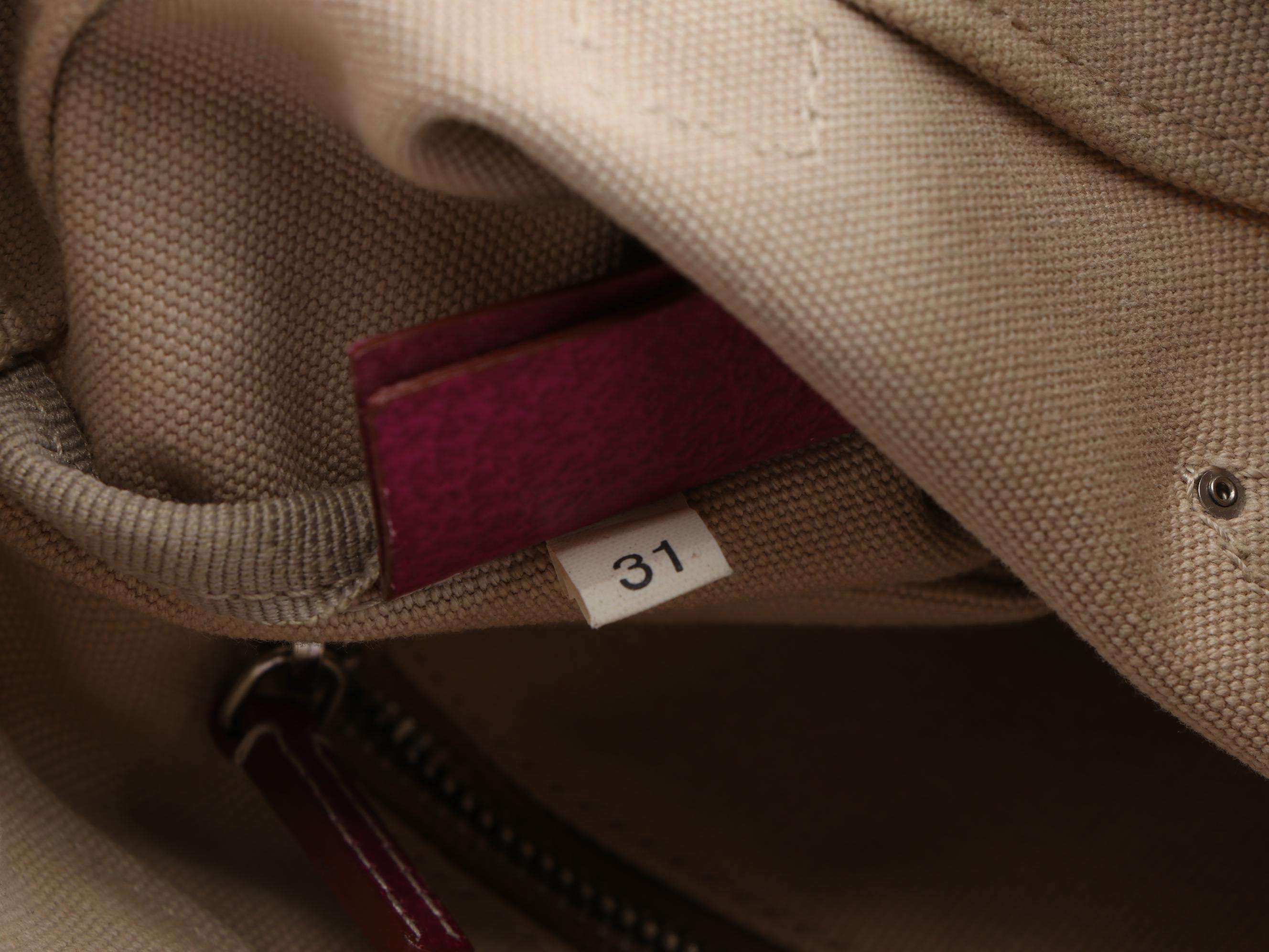 Prada Small Tote in Beige Canvas with Contrast Stitched Magenta Leather Trim