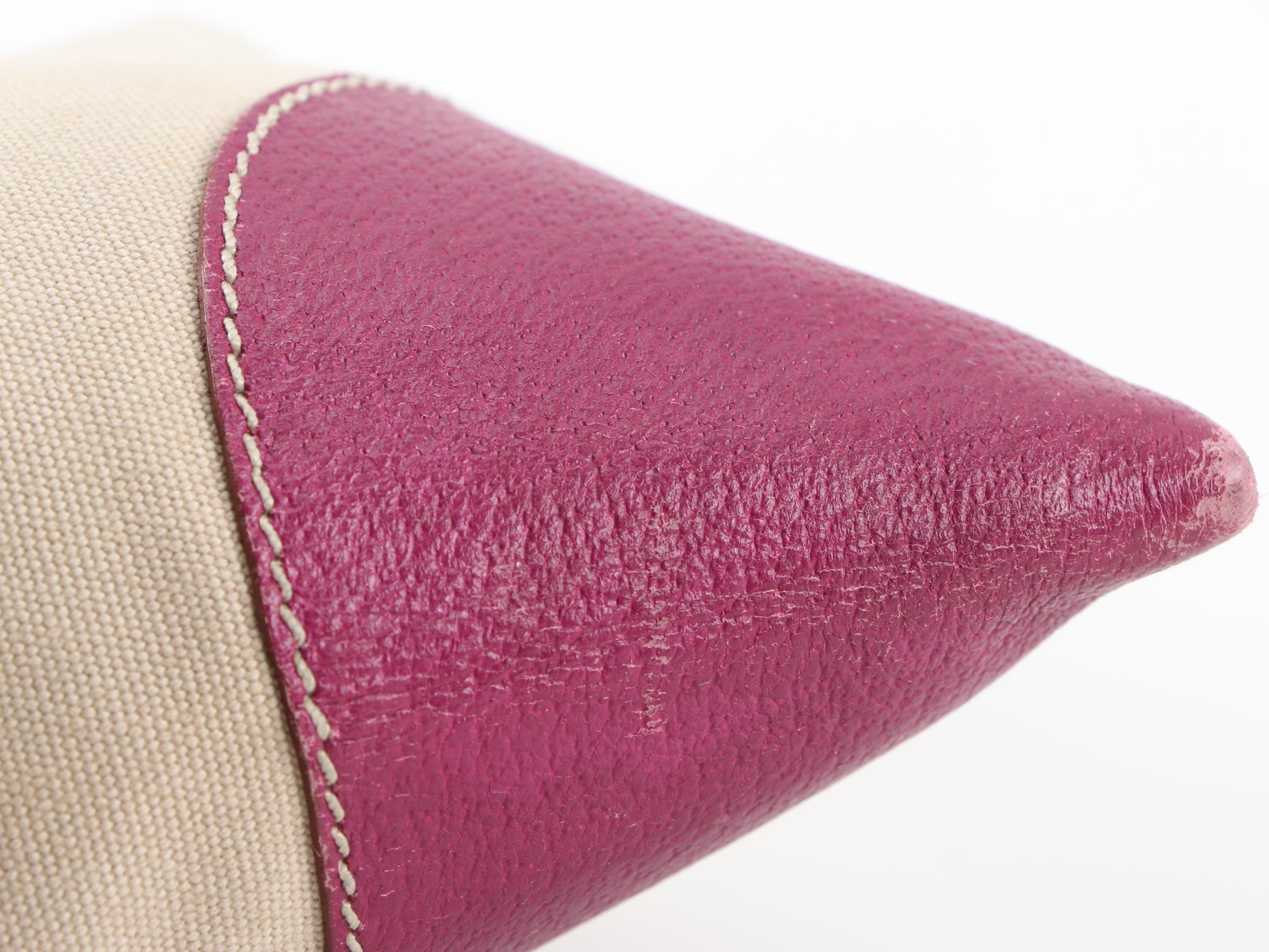 Prada Small Tote in Beige Canvas with Contrast Stitched Magenta Leather Trim