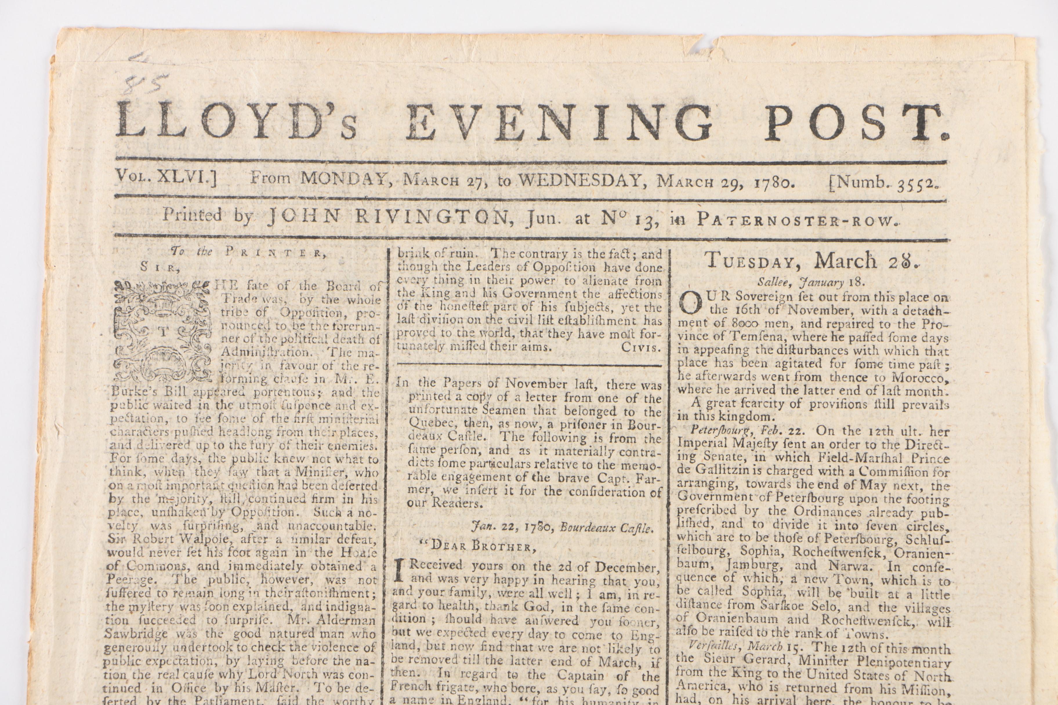 "Lloyd's Evening Post" with Reports on American Revolutionary War, 29 March 1780
