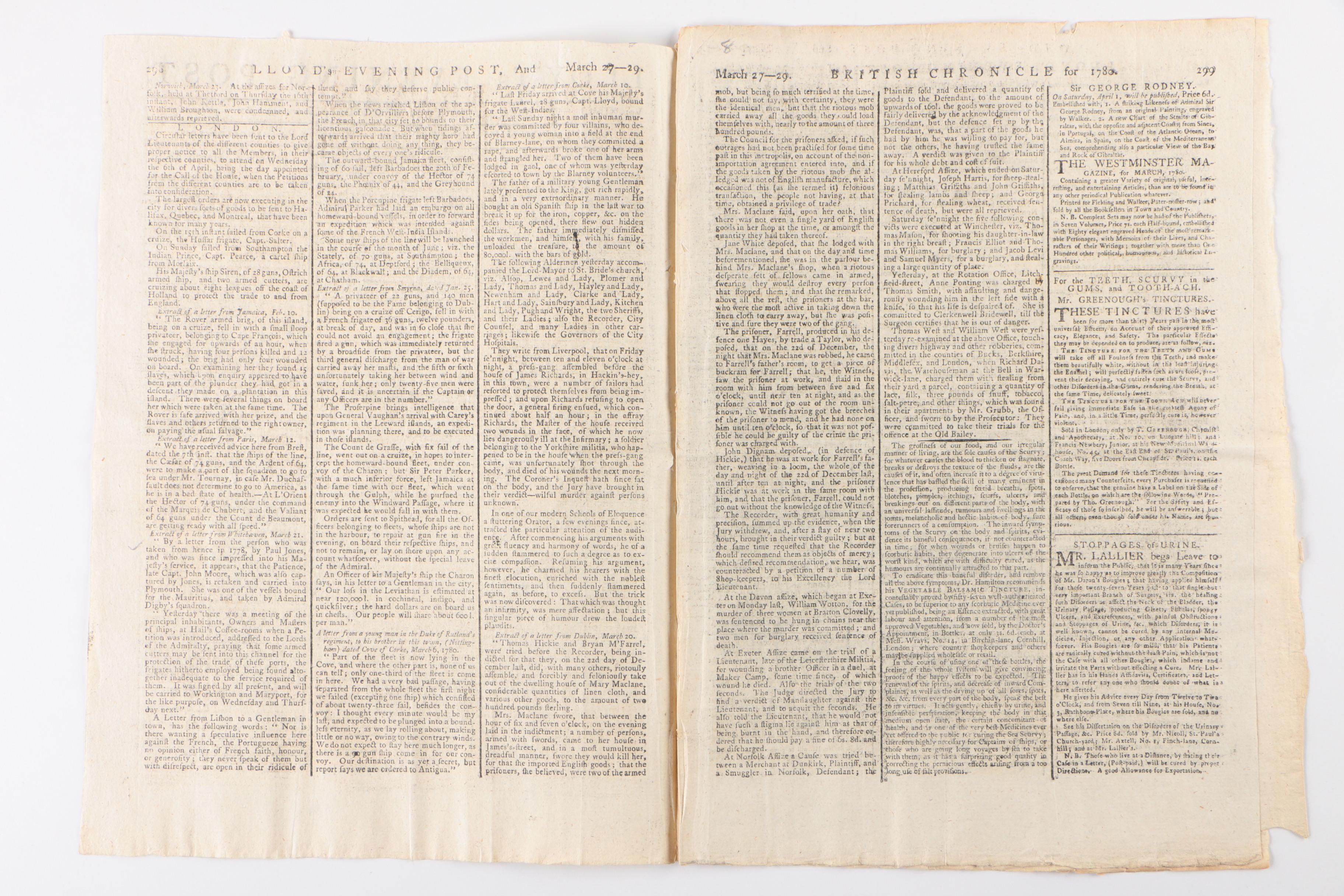 "Lloyd's Evening Post" with Reports on American Revolutionary War, 29 March 1780
