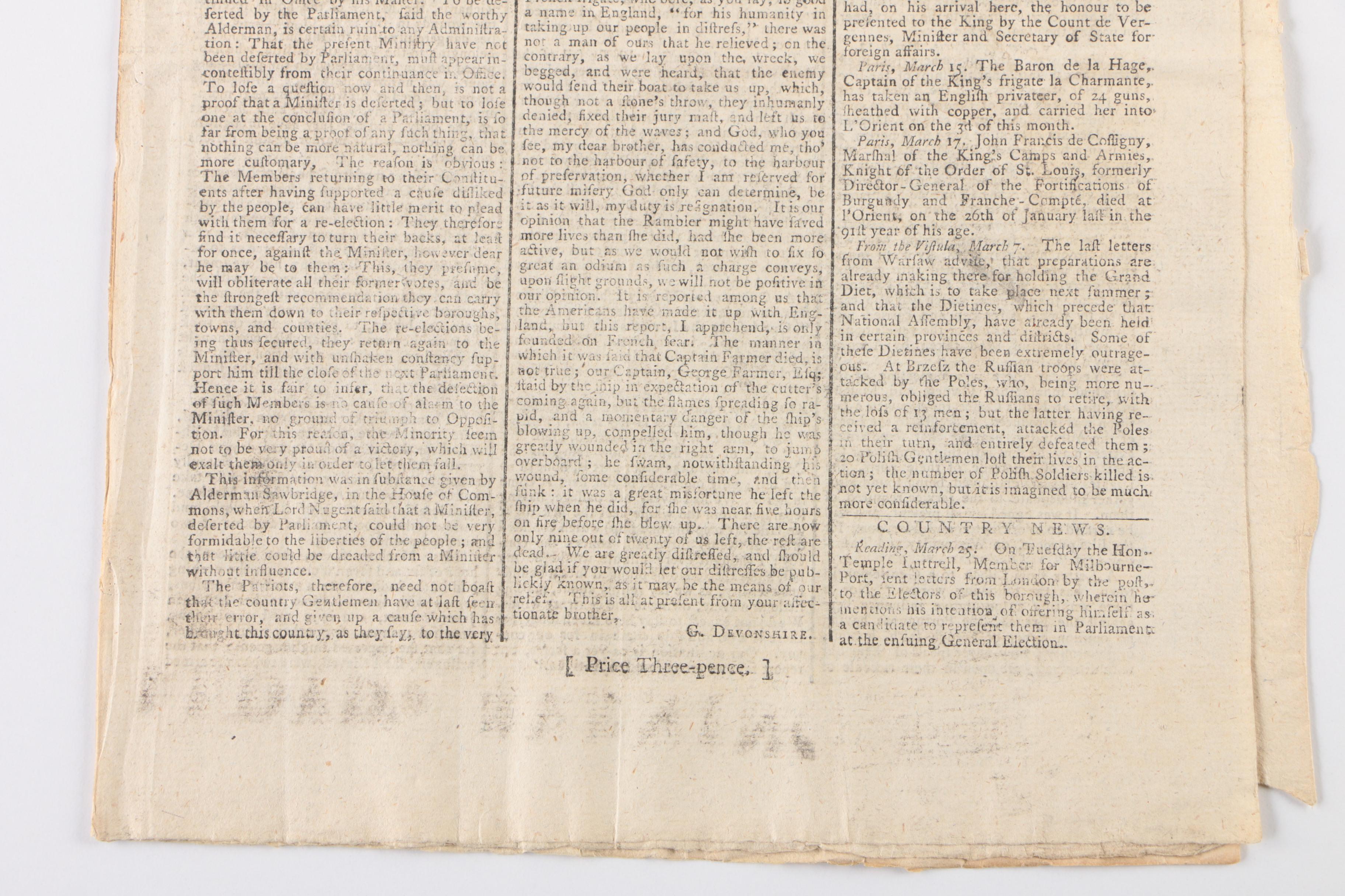 "Lloyd's Evening Post" with Reports on American Revolutionary War, 29 March 1780