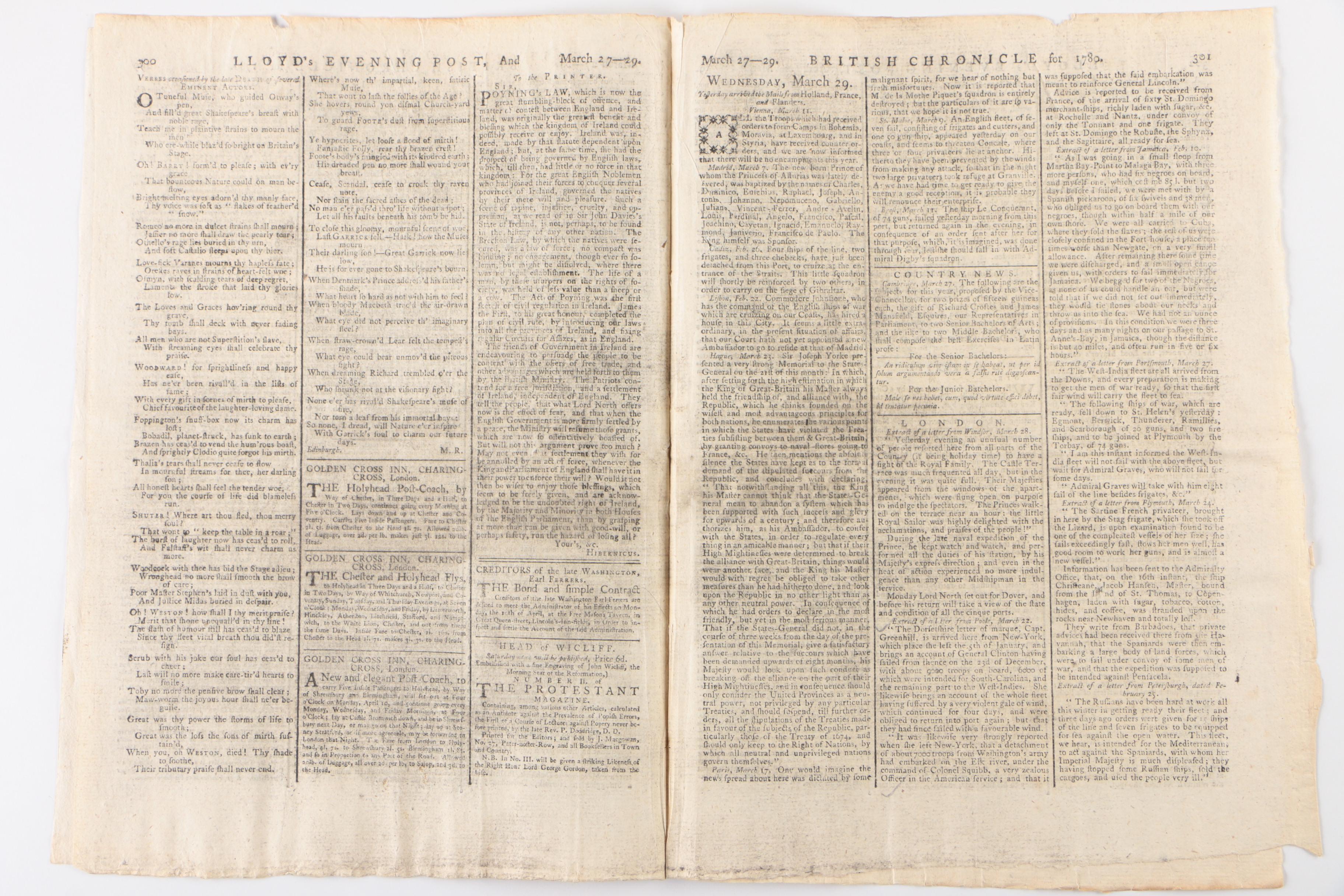"Lloyd's Evening Post" with Reports on American Revolutionary War, 29 March 1780