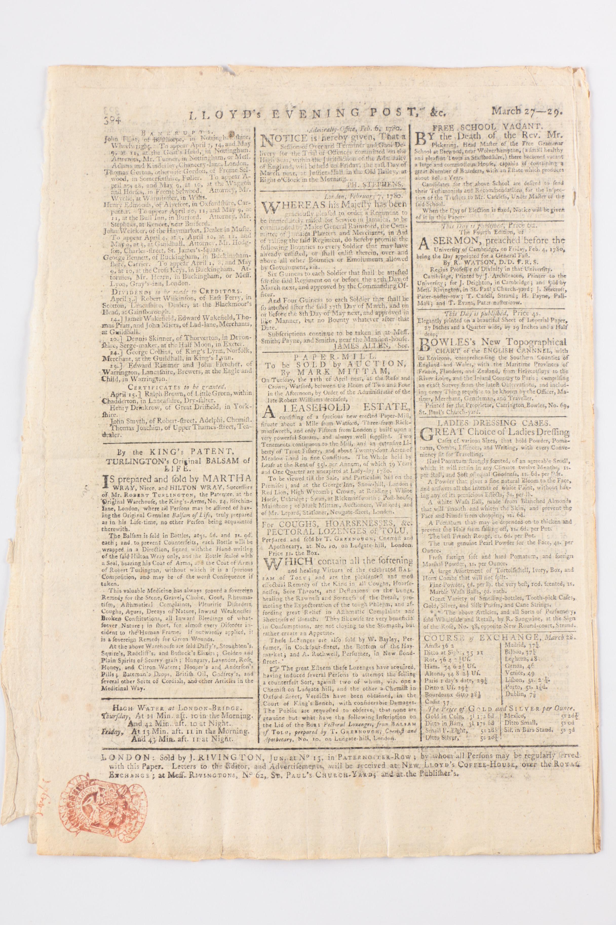 "Lloyd's Evening Post" with Reports on American Revolutionary War, 29 March 1780