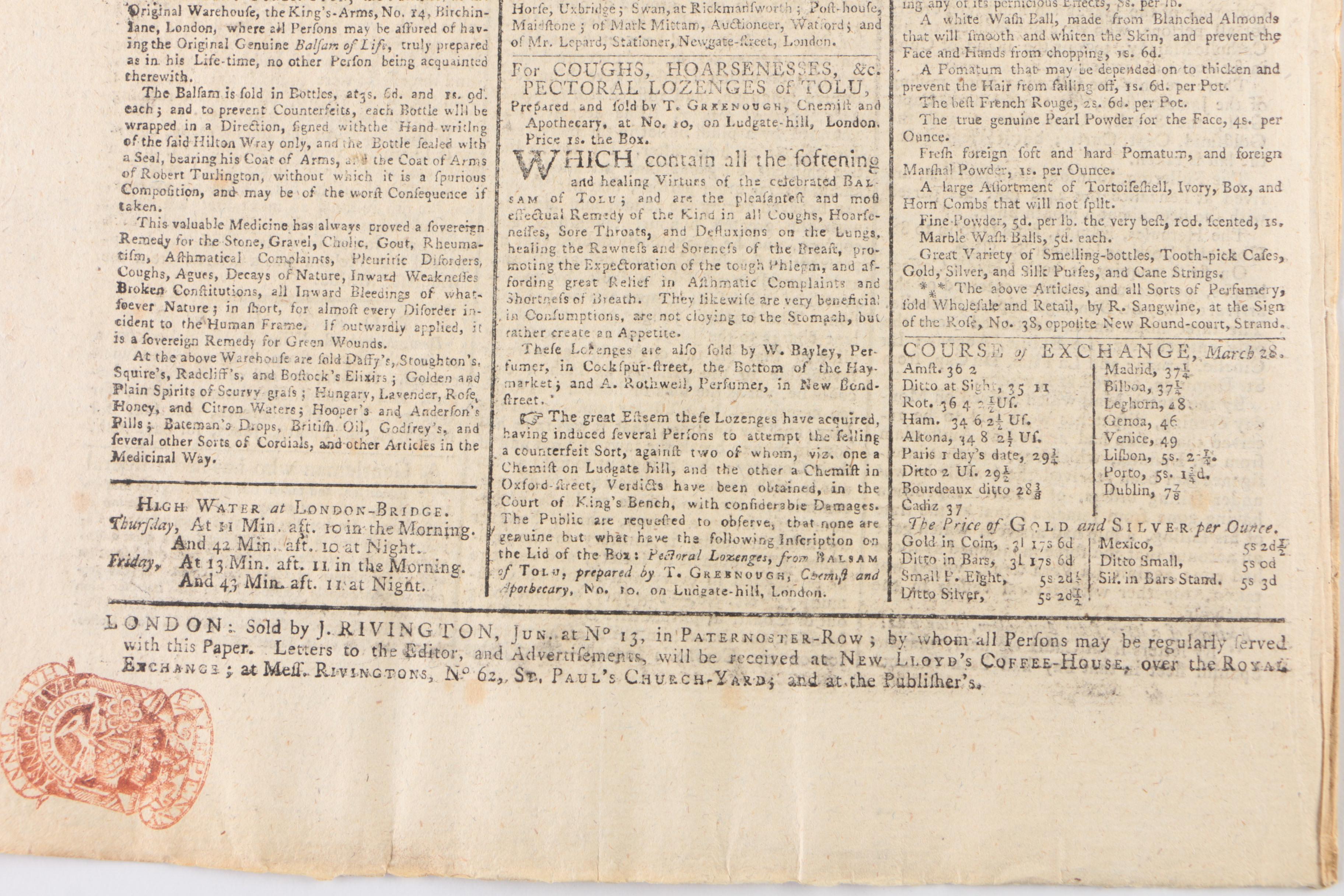 "Lloyd's Evening Post" with Reports on American Revolutionary War, 29 March 1780