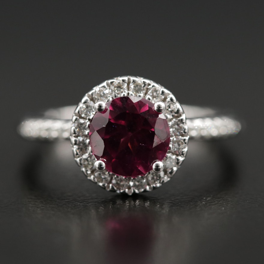 14K White Gold Rhodolite Garnet Ring with Diamond Shoulders and Halo