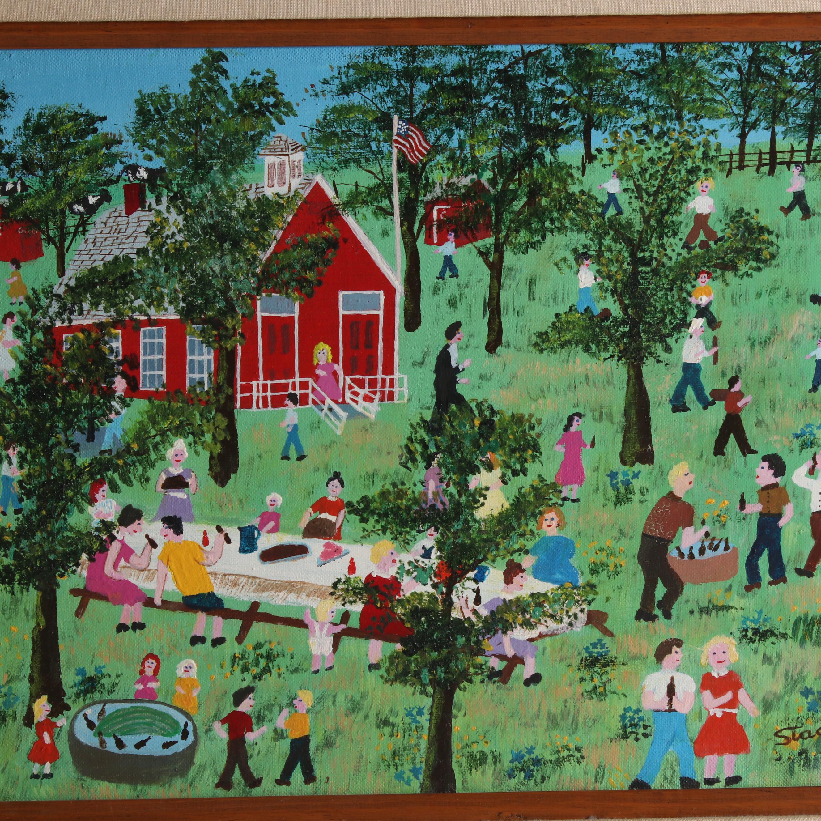 Stacia Lane Folk Art Acrylic Painting " Last Day of School Picnic", 1980