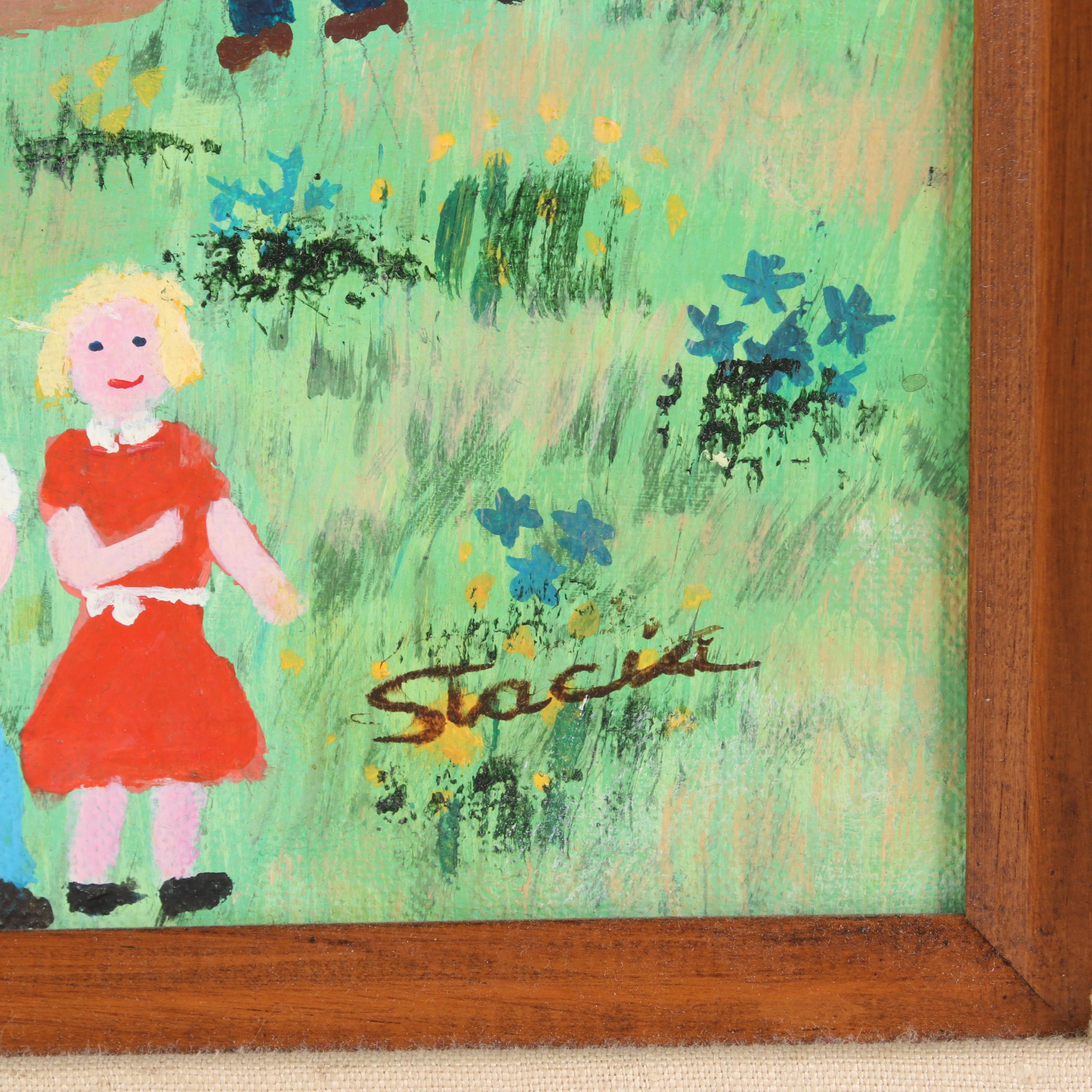 Stacia Lane Folk Art Acrylic Painting " Last Day of School Picnic", 1980