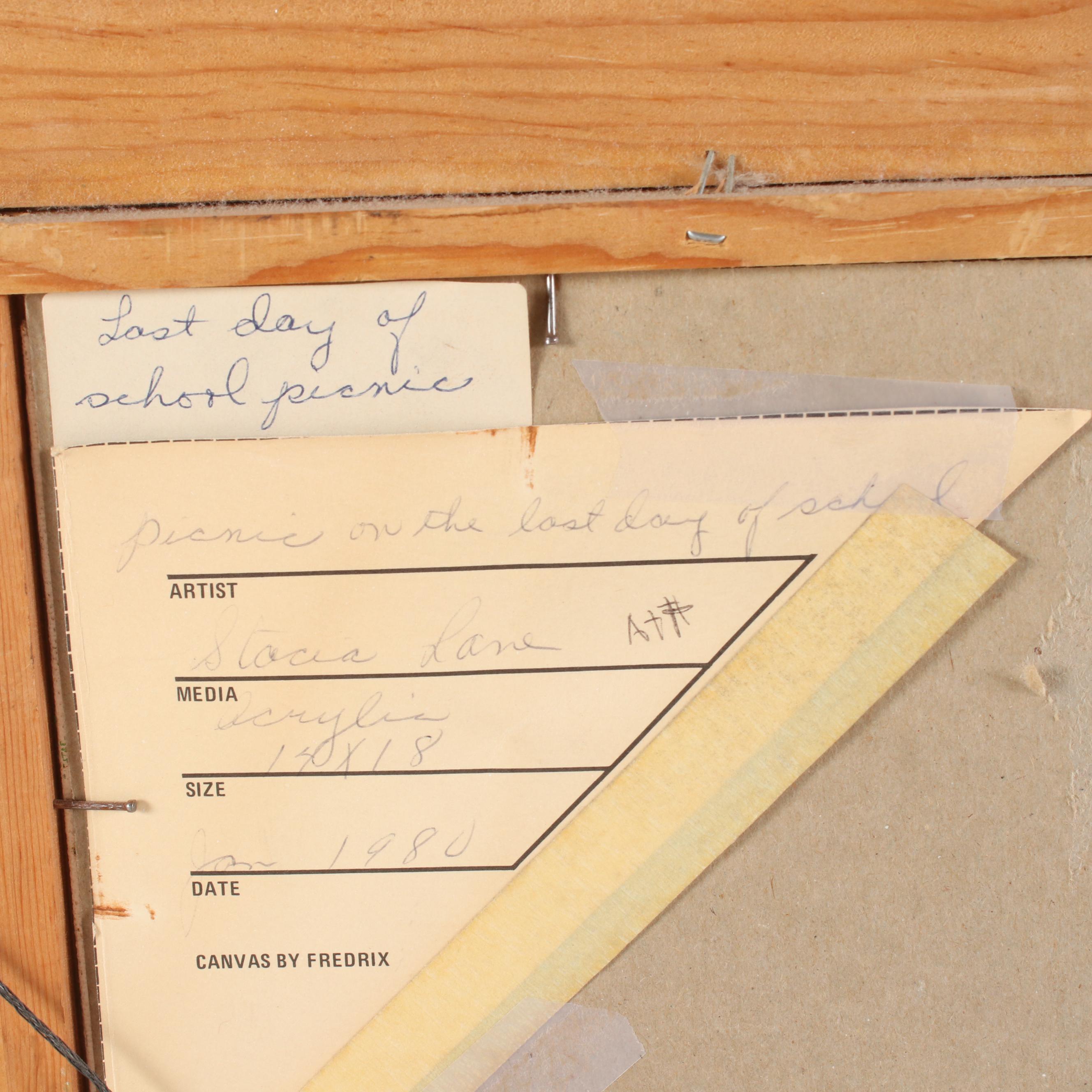 Stacia Lane Folk Art Acrylic Painting " Last Day of School Picnic", 1980