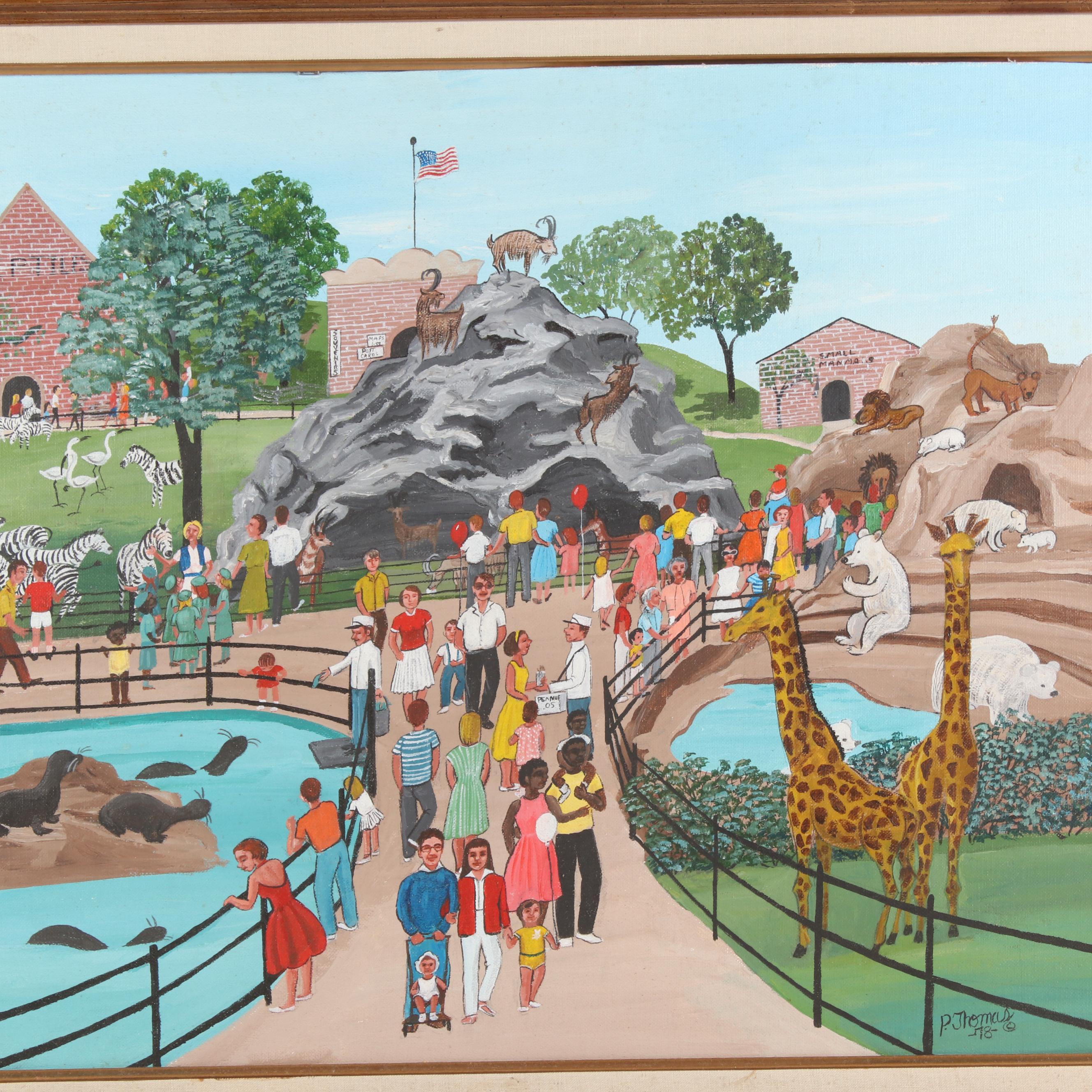 Folk Art Acrylic Painting of a Zoo, 1978