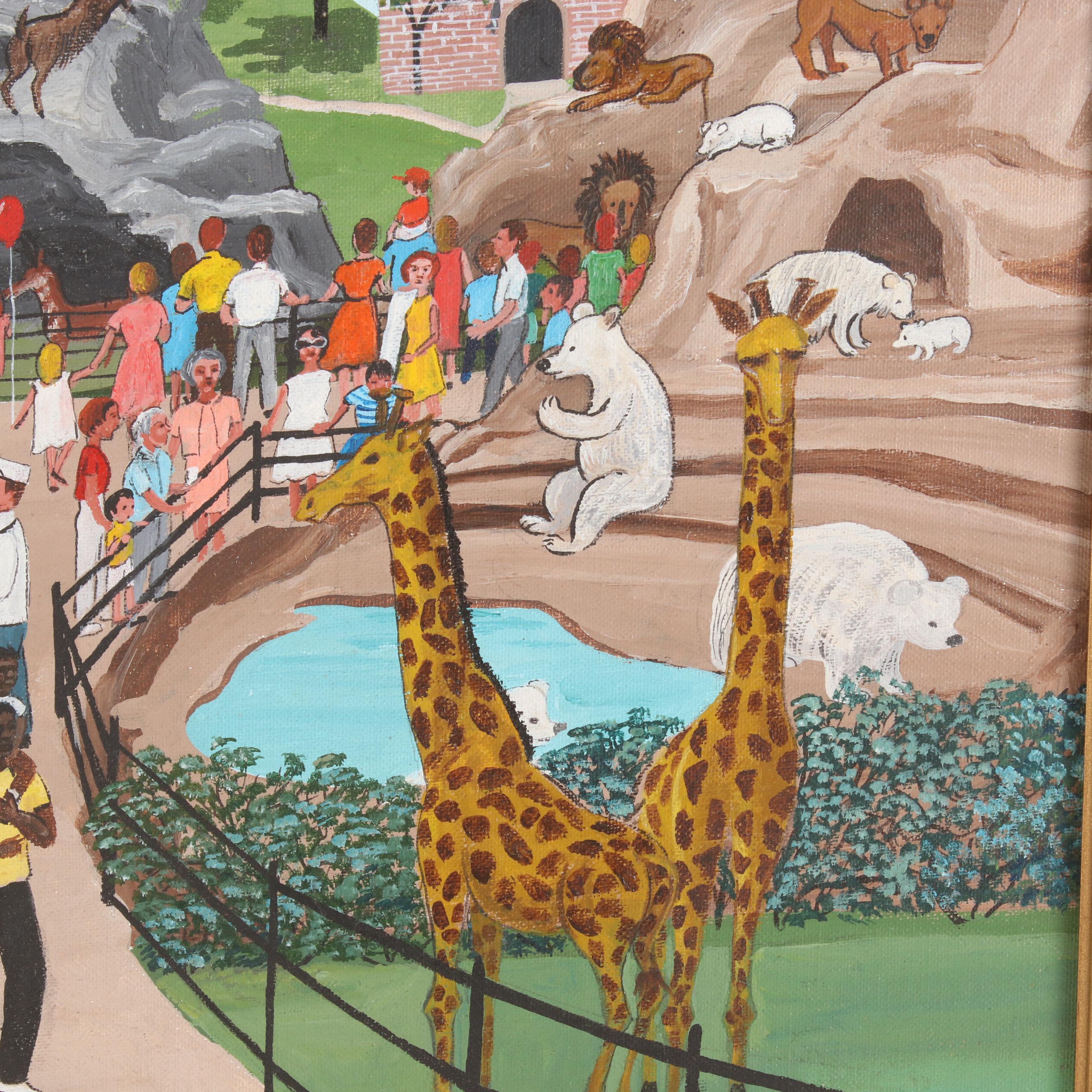 Folk Art Acrylic Painting of a Zoo, 1978
