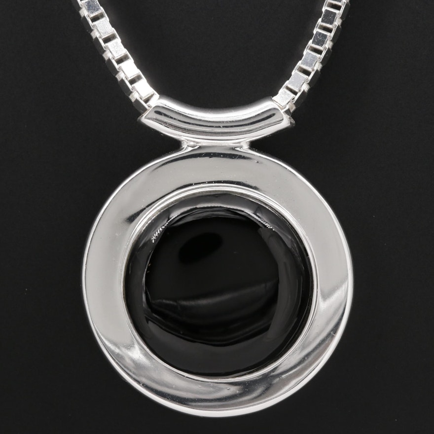 Sterling Silver Black Onyx Pendant Necklace Featuring Box Style Chain