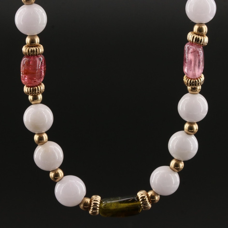 Green and Pink Tourmaline With Quartzite Bead Necklace Featuring 14K Gold Clasp