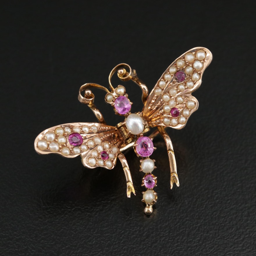 Art Nouveau 9K Yellow Gold Ruby and Cultured Pearl Butterfly Clip Brooch