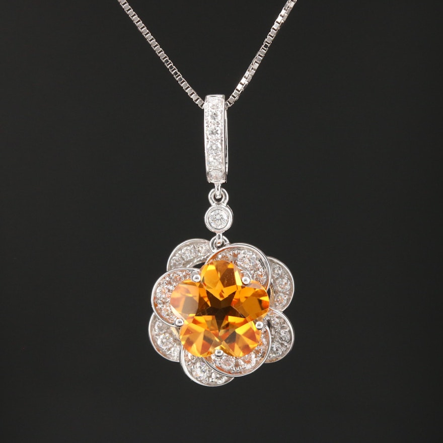 18K White Gold Citrine and Diamond Flower Pendant Necklace