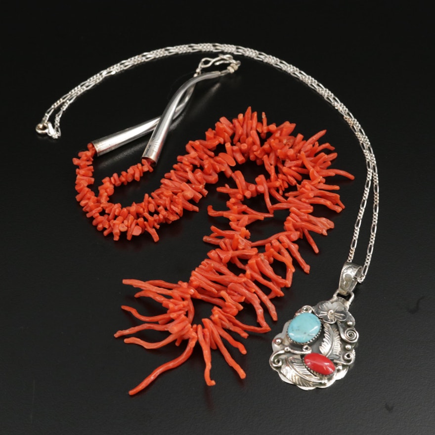 Sterling Coral and Turquoise Necklaces With Willie Nezzie Navajo Diné Pendant