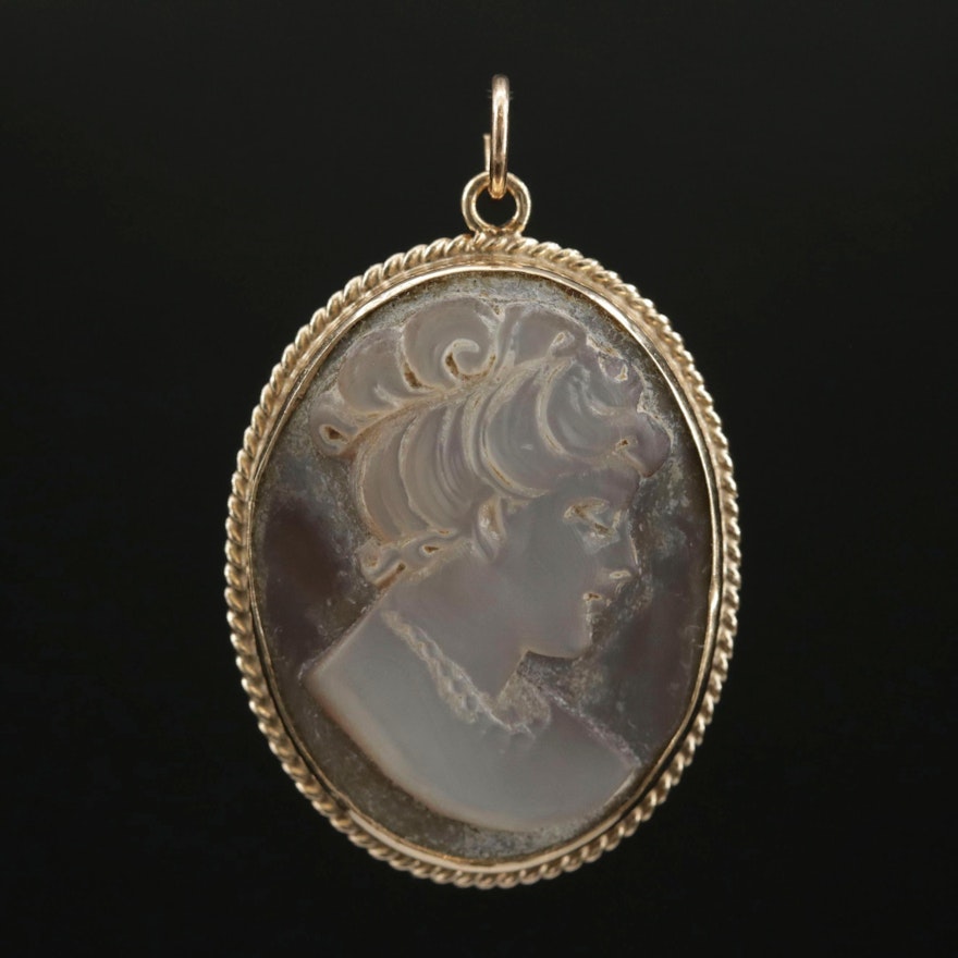 Vintage 14K Yellow Gold and Grey Mother of Pearl Cameo Pendant