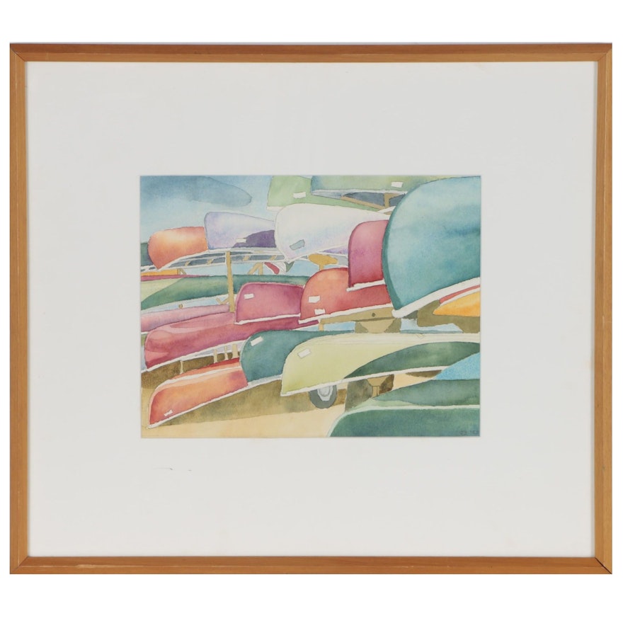 Watercolor Painting of Stacked Canoes, 1983