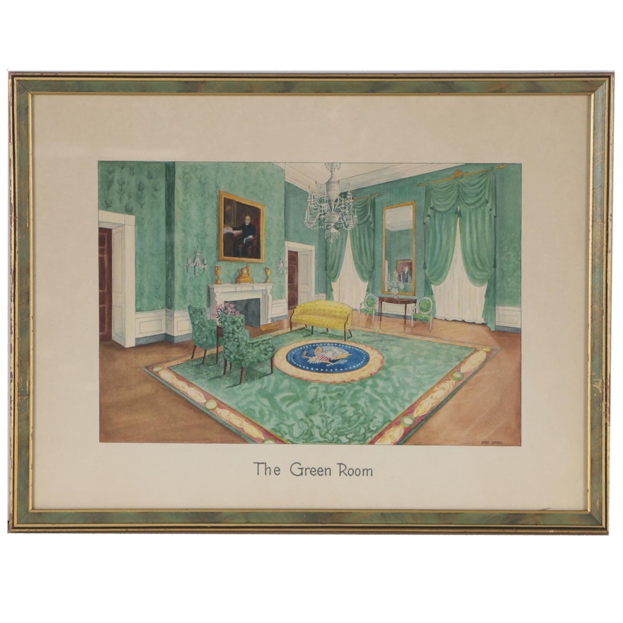 Jane Small Watercolor Painting of White House Interior "The Green Room"