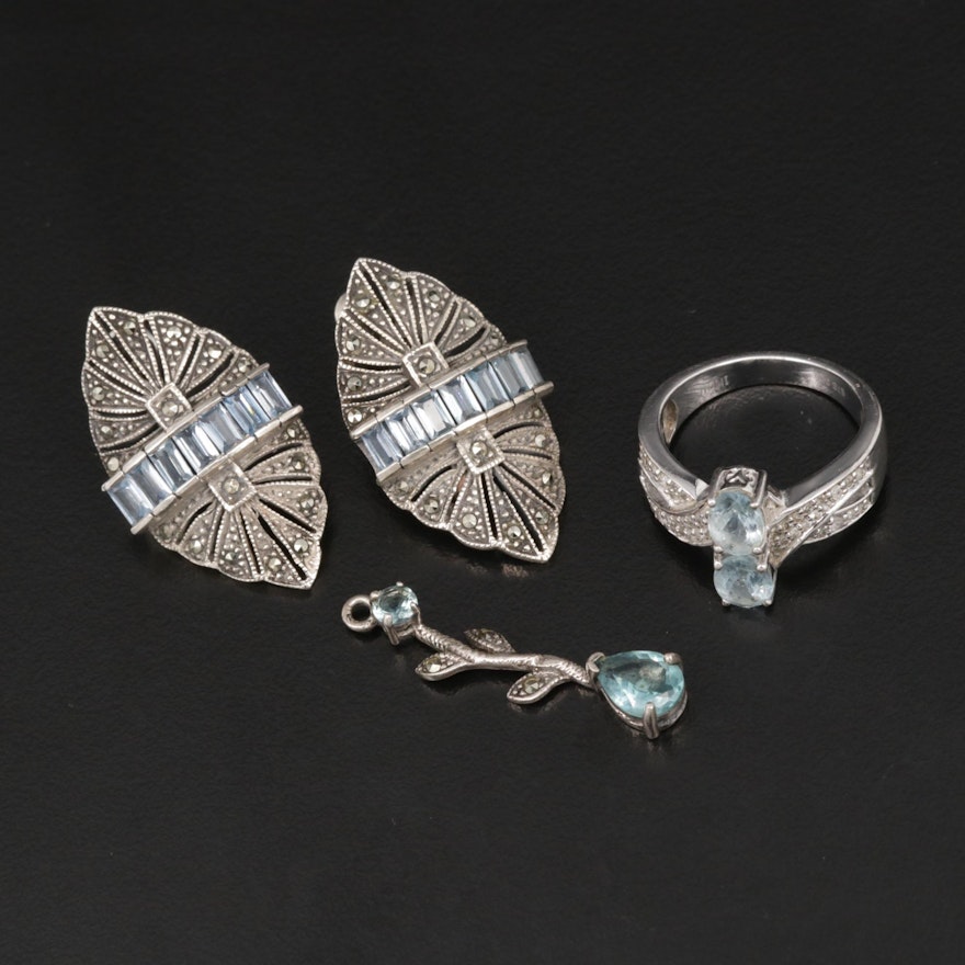 Sterling Silver Jewelry with Synthetic Spinel, Aquamarine and Marcasite
