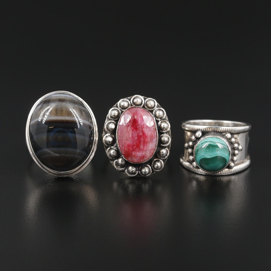 Southwest Style Sterling Silver Malachite, Agate and Corandum Rings