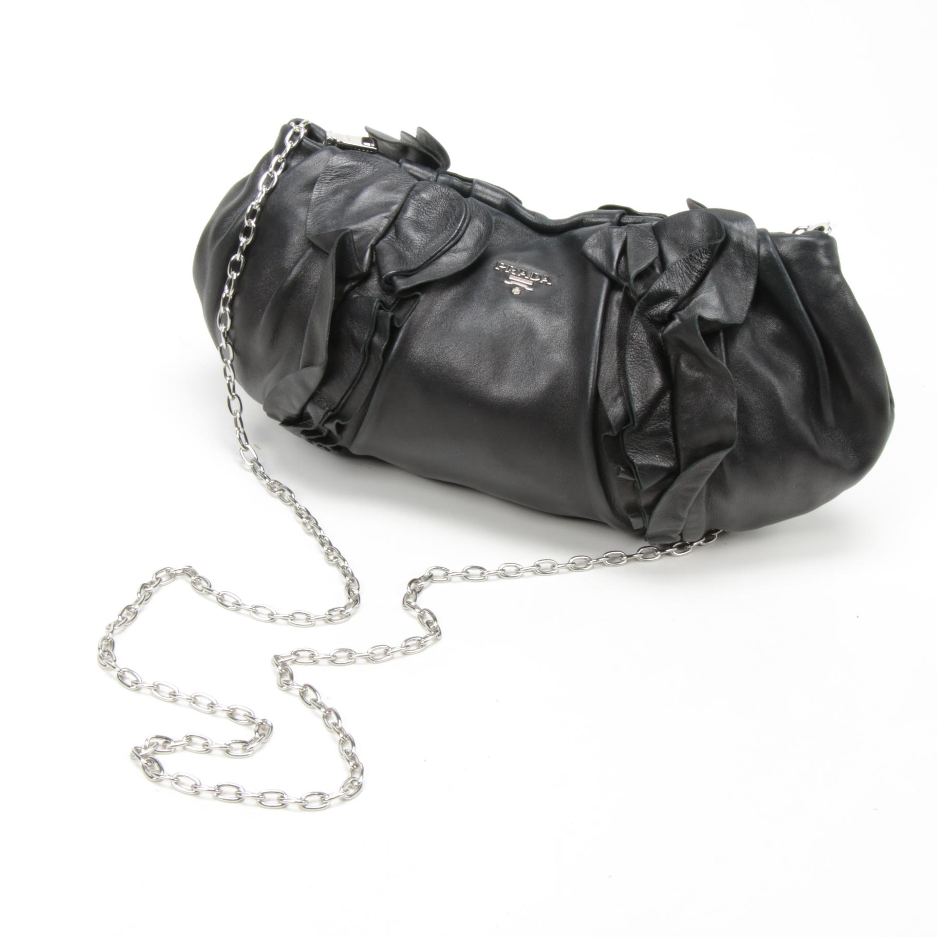 Prada Black Leather Ruffle Crossbody Shoulder Bag with Chain Link Strap