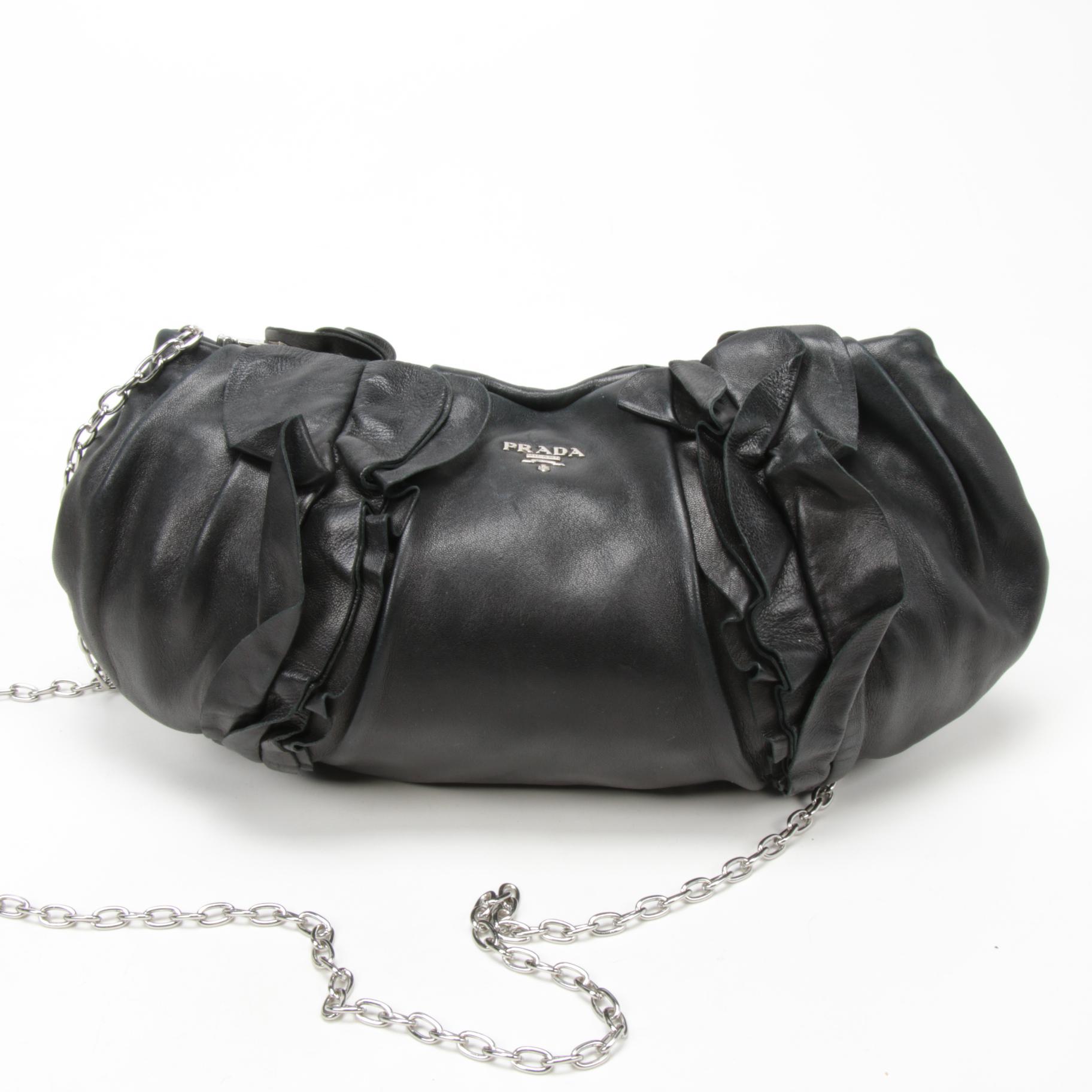Prada Black Leather Ruffle Crossbody Shoulder Bag with Chain Link Strap
