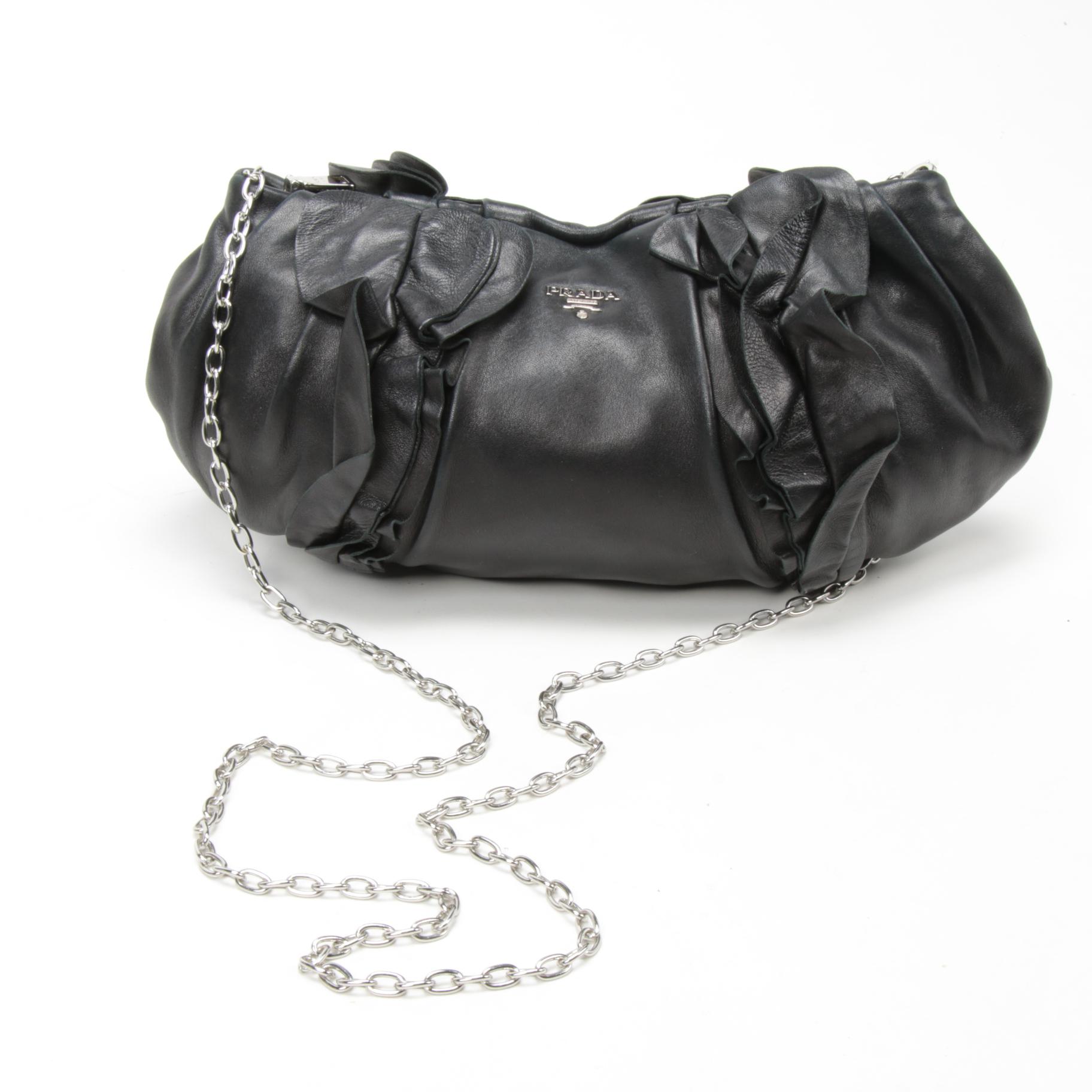 Prada Black Leather Ruffle Crossbody Shoulder Bag with Chain Link Strap