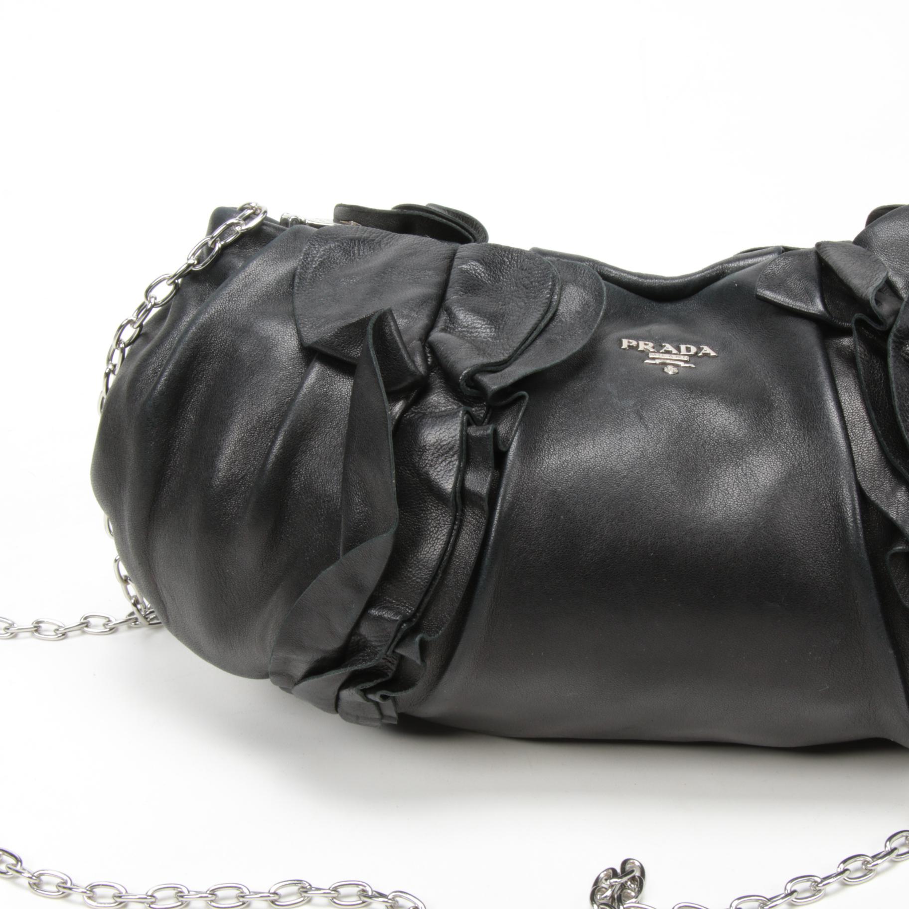Prada Black Leather Ruffle Crossbody Shoulder Bag with Chain Link Strap