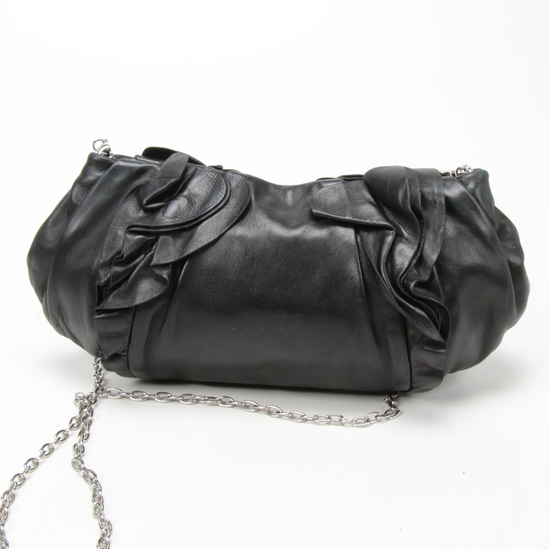 Prada Black Leather Ruffle Crossbody Shoulder Bag with Chain Link Strap