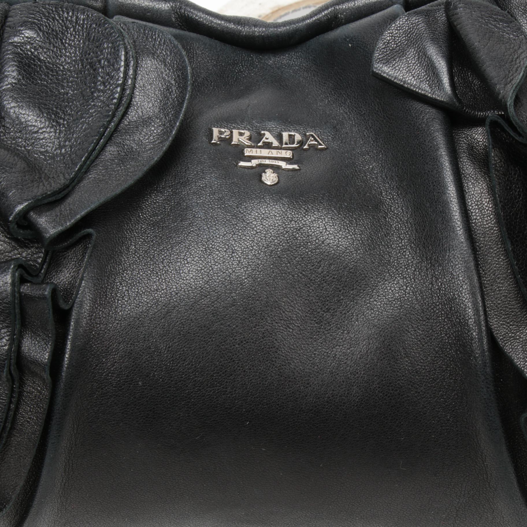 Prada Black Leather Ruffle Crossbody Shoulder Bag with Chain Link Strap