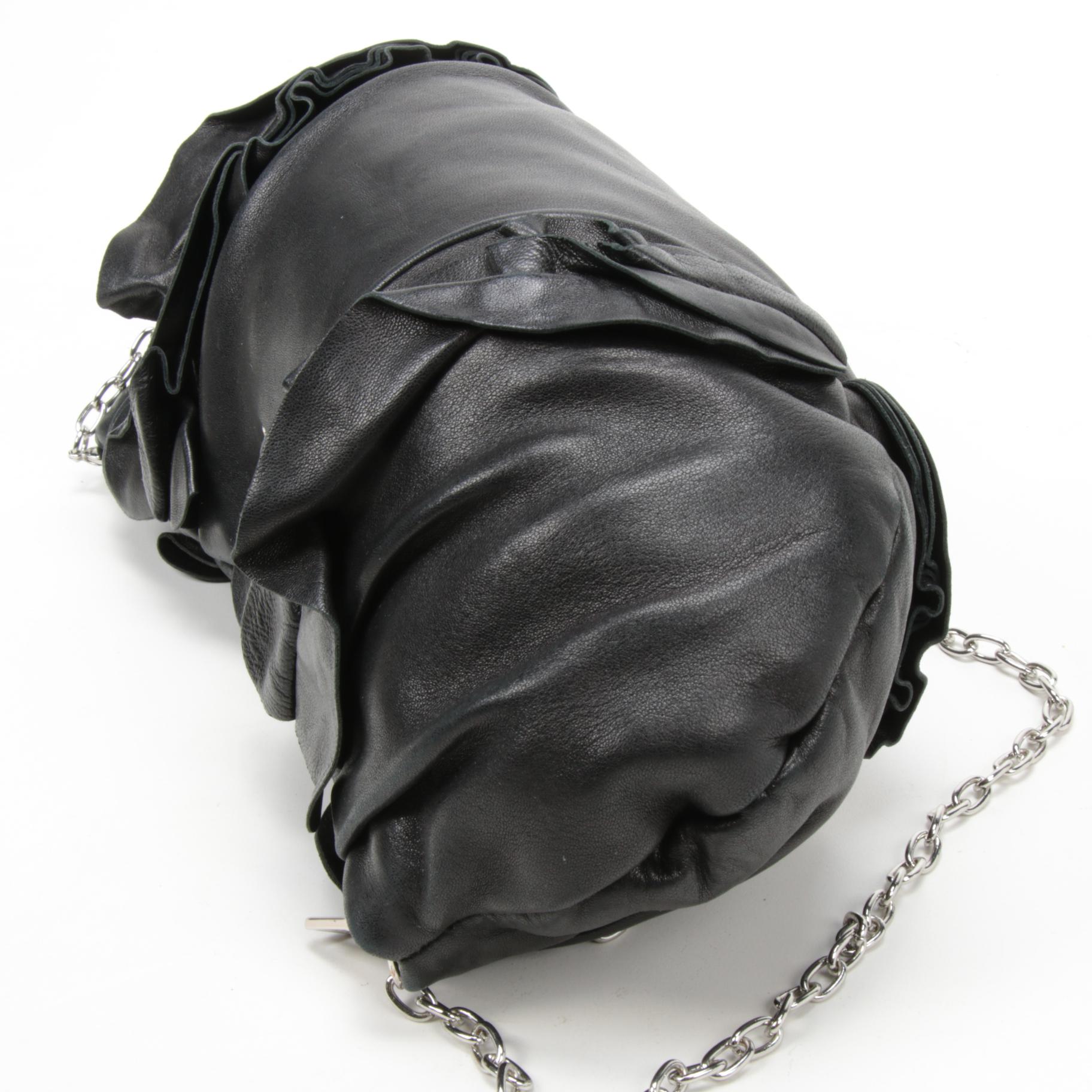 Prada Black Leather Ruffle Crossbody Shoulder Bag with Chain Link Strap