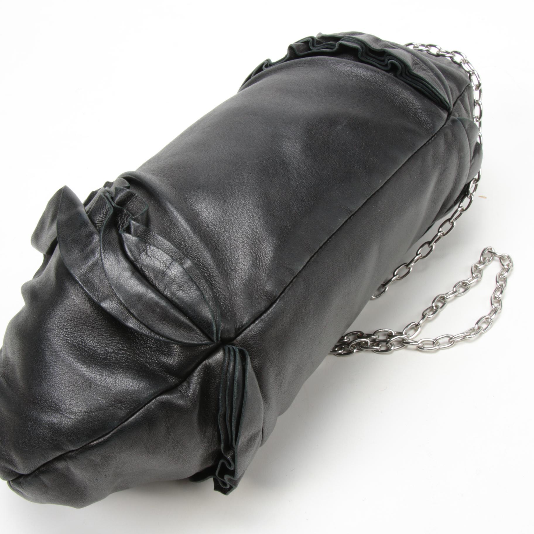 Prada Black Leather Ruffle Crossbody Shoulder Bag with Chain Link Strap