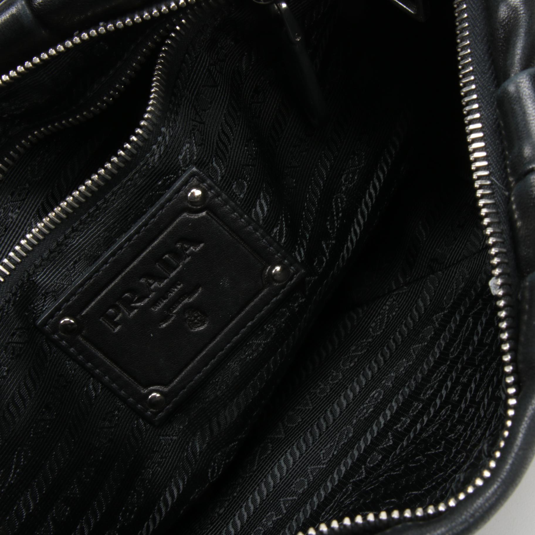 Prada Black Leather Ruffle Crossbody Shoulder Bag with Chain Link Strap