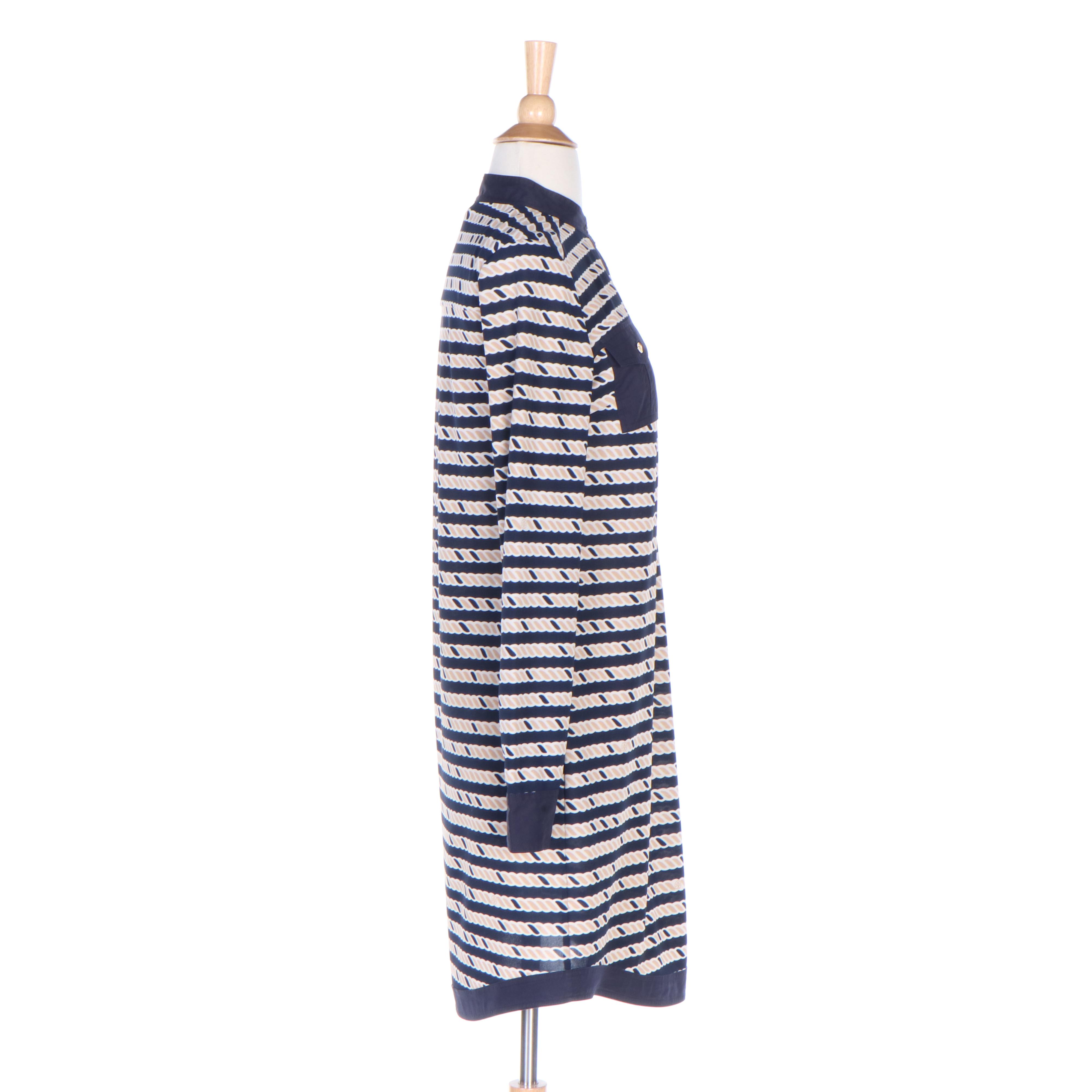 Tory Burch Rope Print Shift Dress with Navy Blue Trim