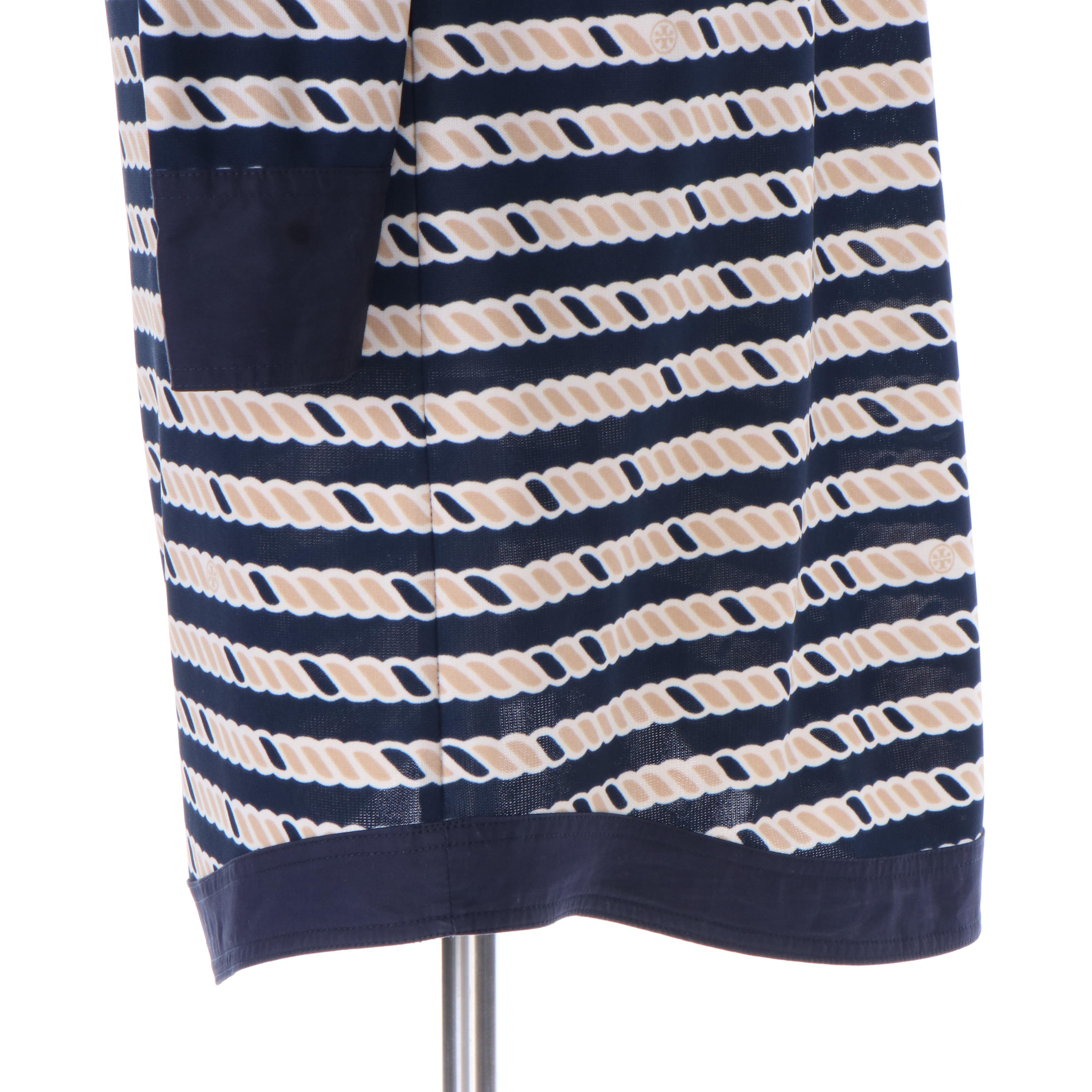 Tory Burch Rope Print Shift Dress with Navy Blue Trim
