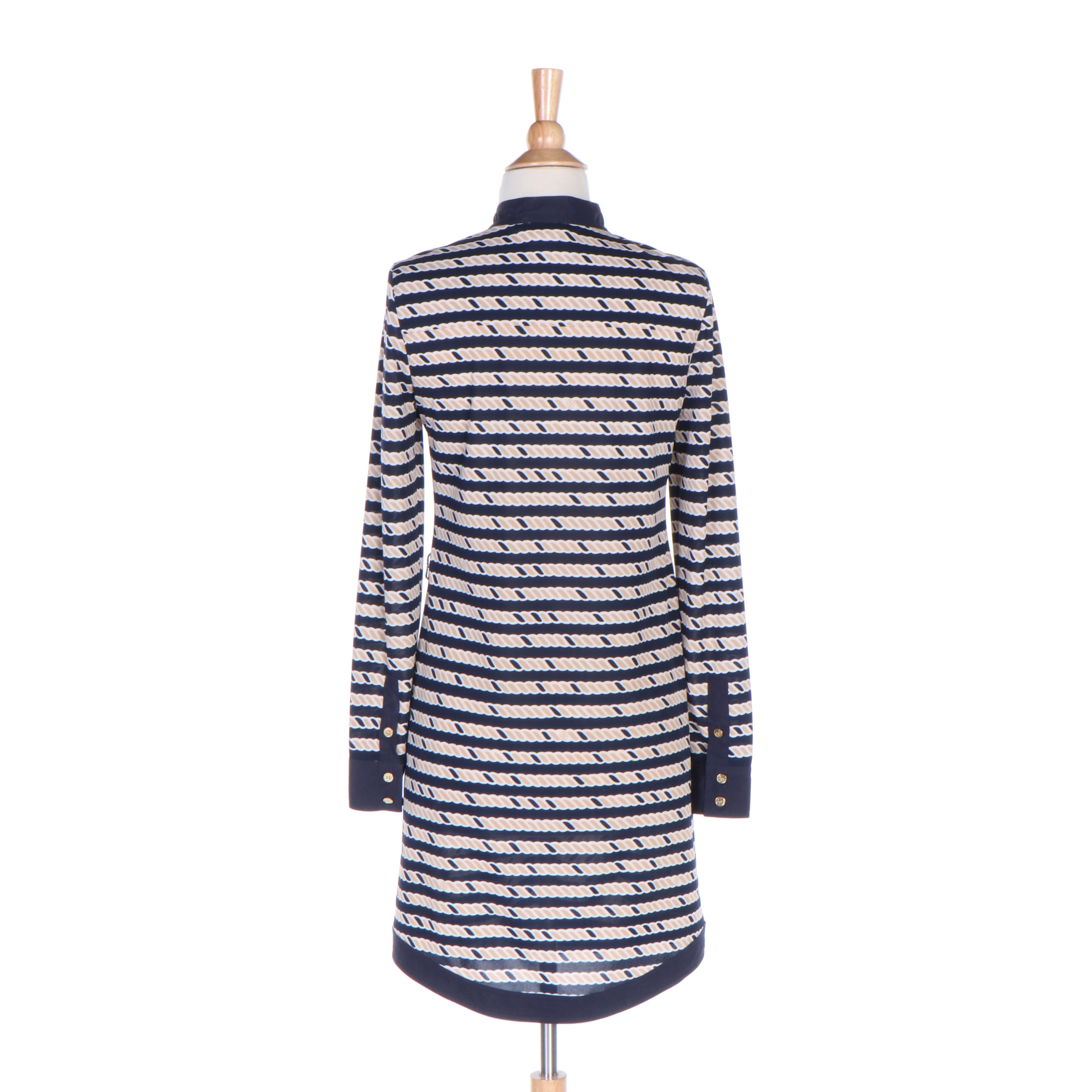 Tory Burch Rope Print Shift Dress with Navy Blue Trim
