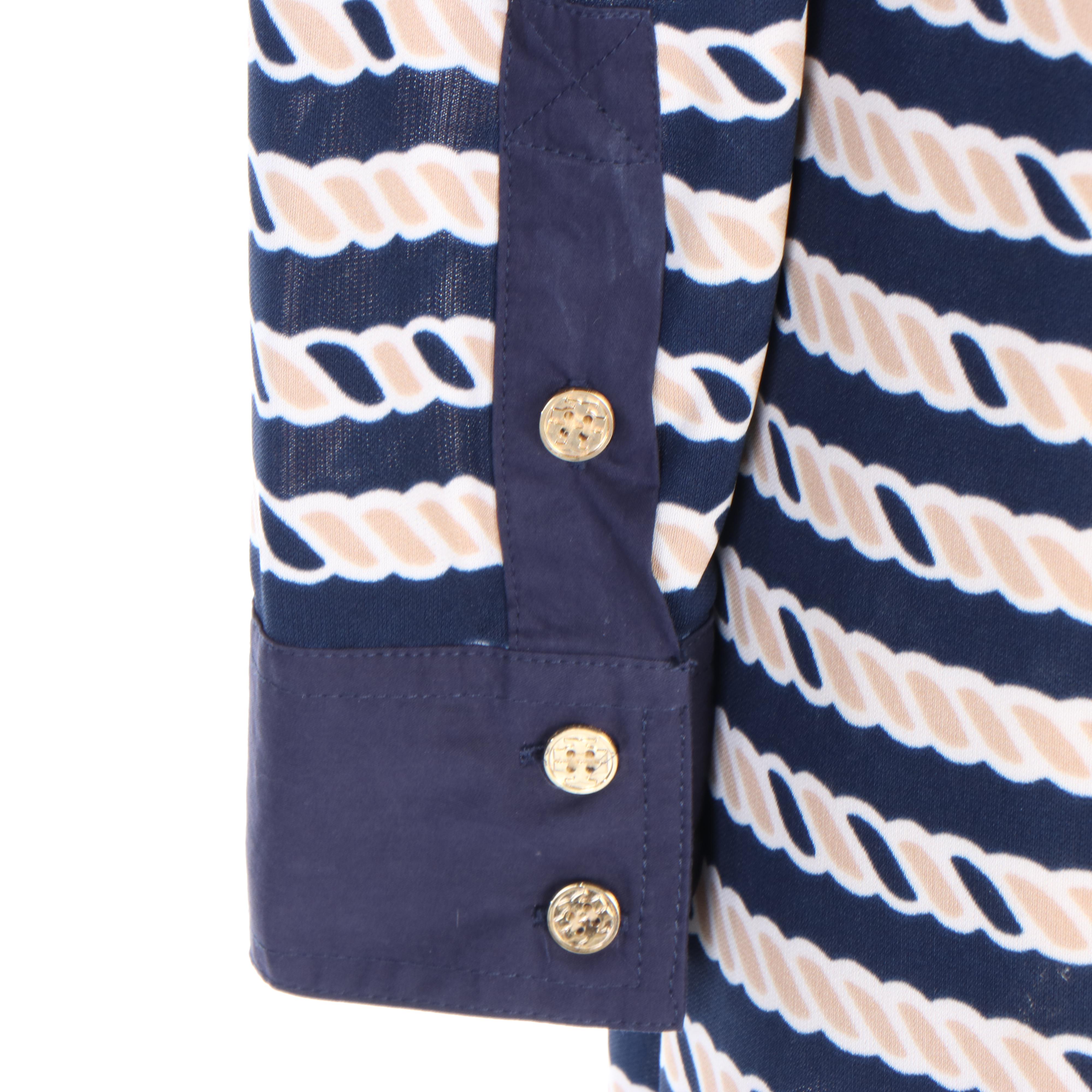 Tory Burch Rope Print Shift Dress with Navy Blue Trim