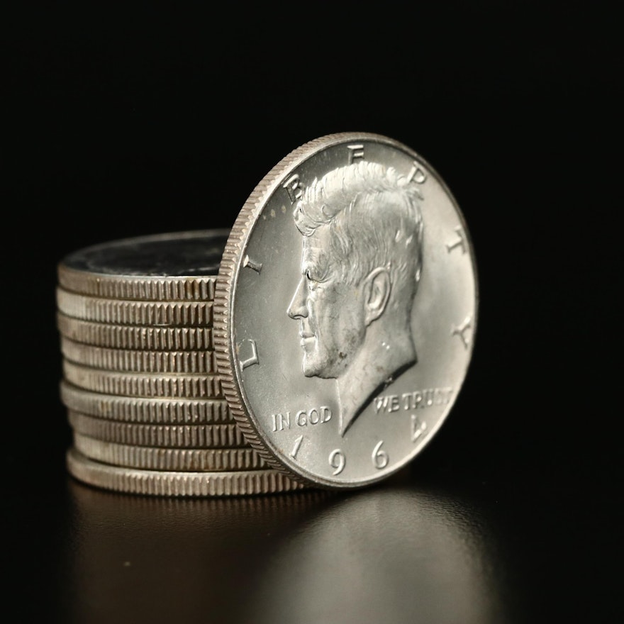 Ten Uncirculated 1964-D Kennedy Silver Half Dollars